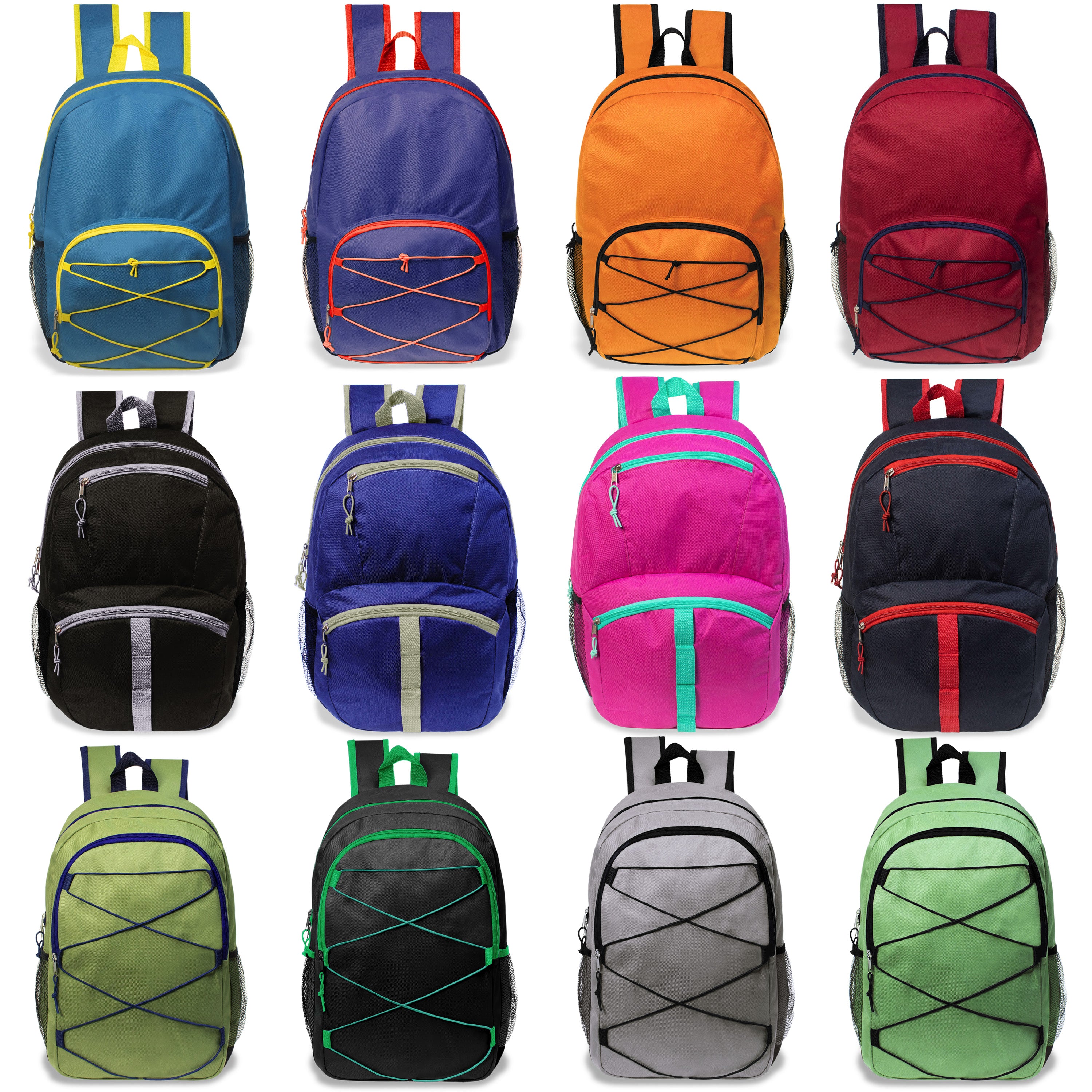 17" Bungee Wholesale Backpack in Assorted Colors and Styles - Bulk Case of 24