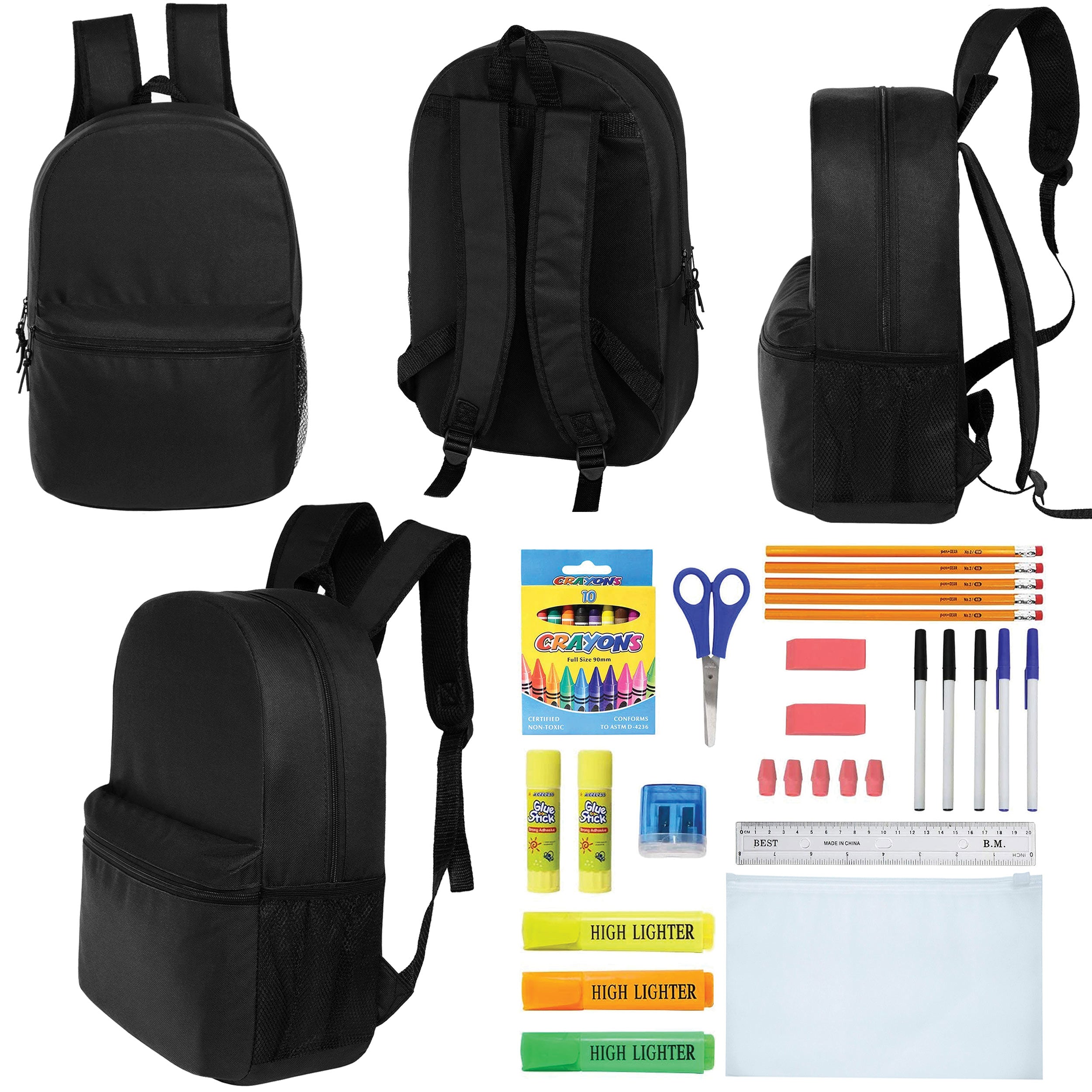 12 Wholesale Blank 18.5" Backpacks in Black & 12 Bulk School Supply Kits of Your Choice 12 Wholesale Blank 18.5" Backpacks in Black & 12 Bulk School Supply Kits of Your Choice