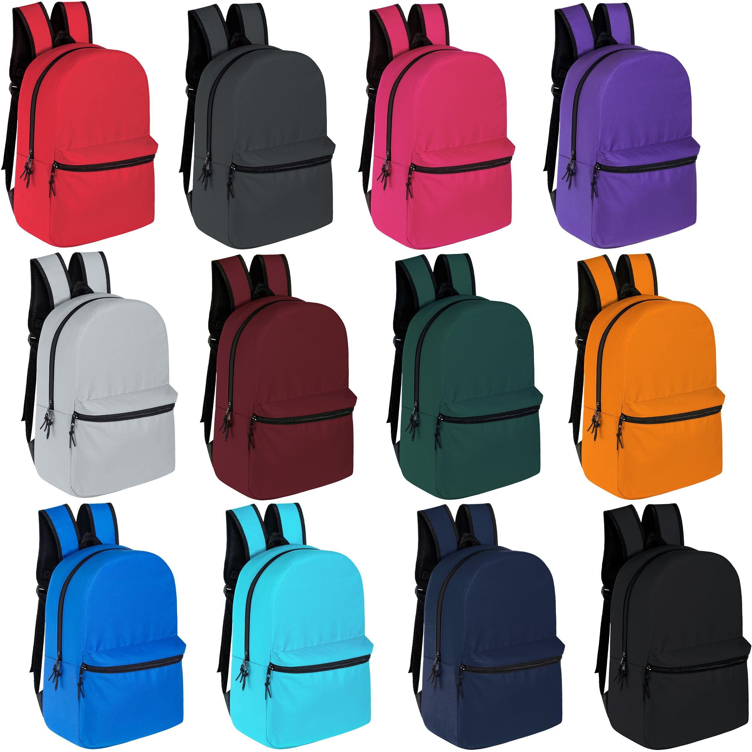 15" Kids Basic Wholesale Backpack in 12 Colors - Bulk Case of 24