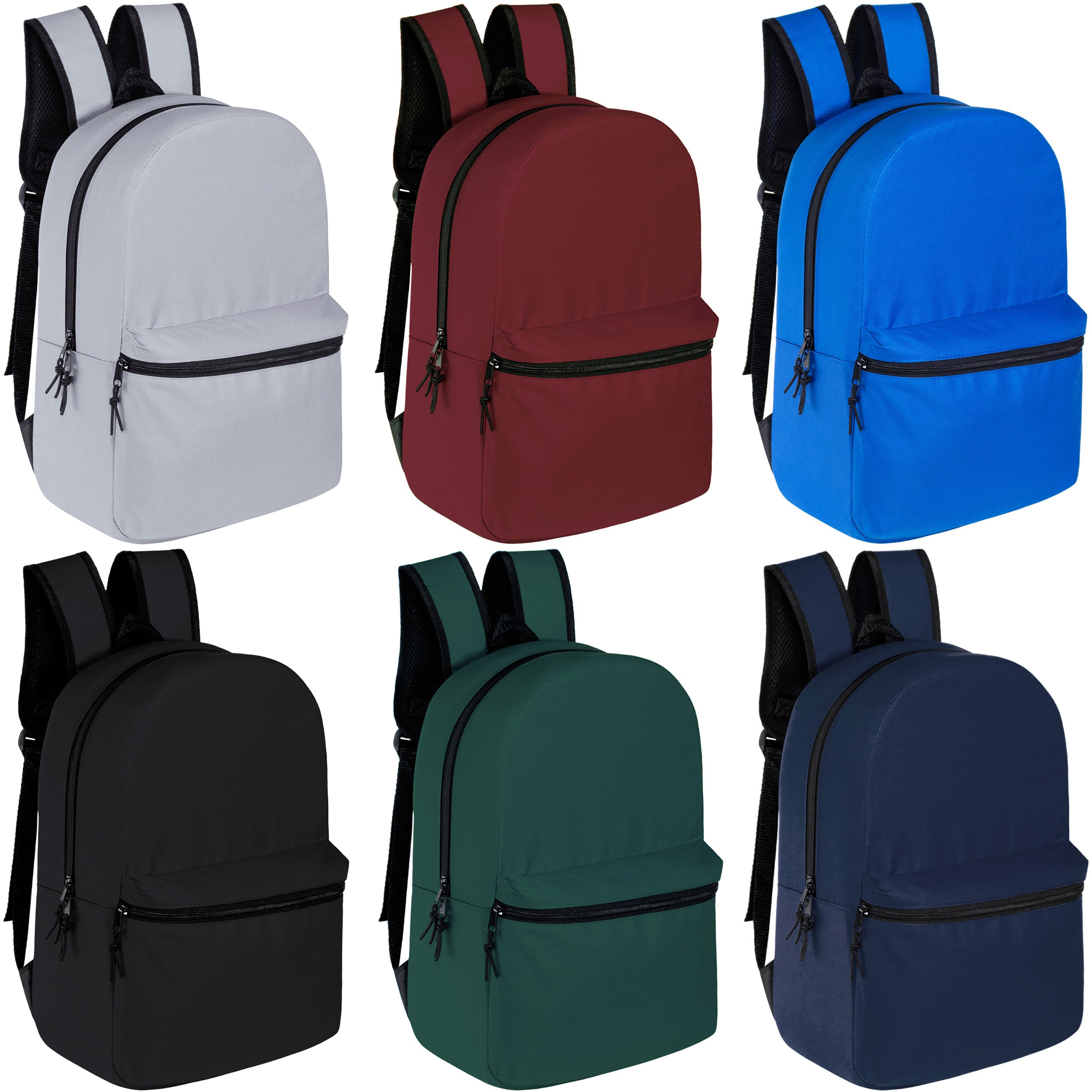15" Kids Basic Wholesale Backpack in 6 Assorted Colors - Bulk Case of 24 Bookbags