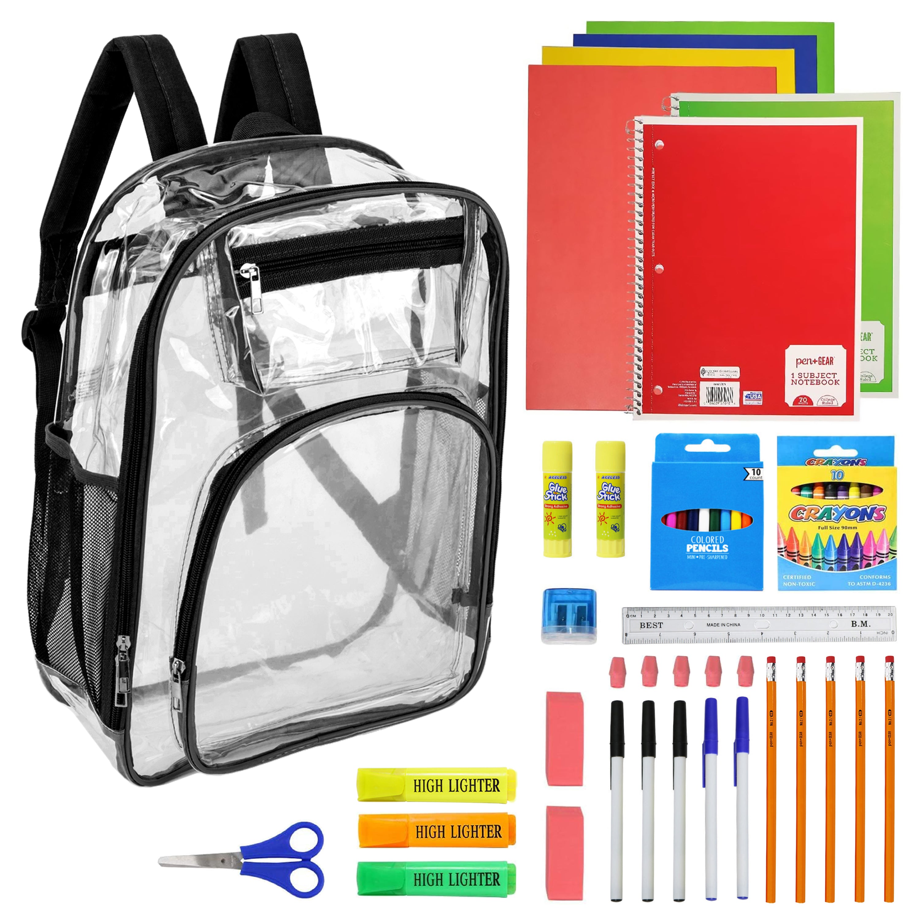 12 Premium 17" Wholesale Clear Backpacks w/Black Trim & 12 Bulk School Supply Kits of Your Choice