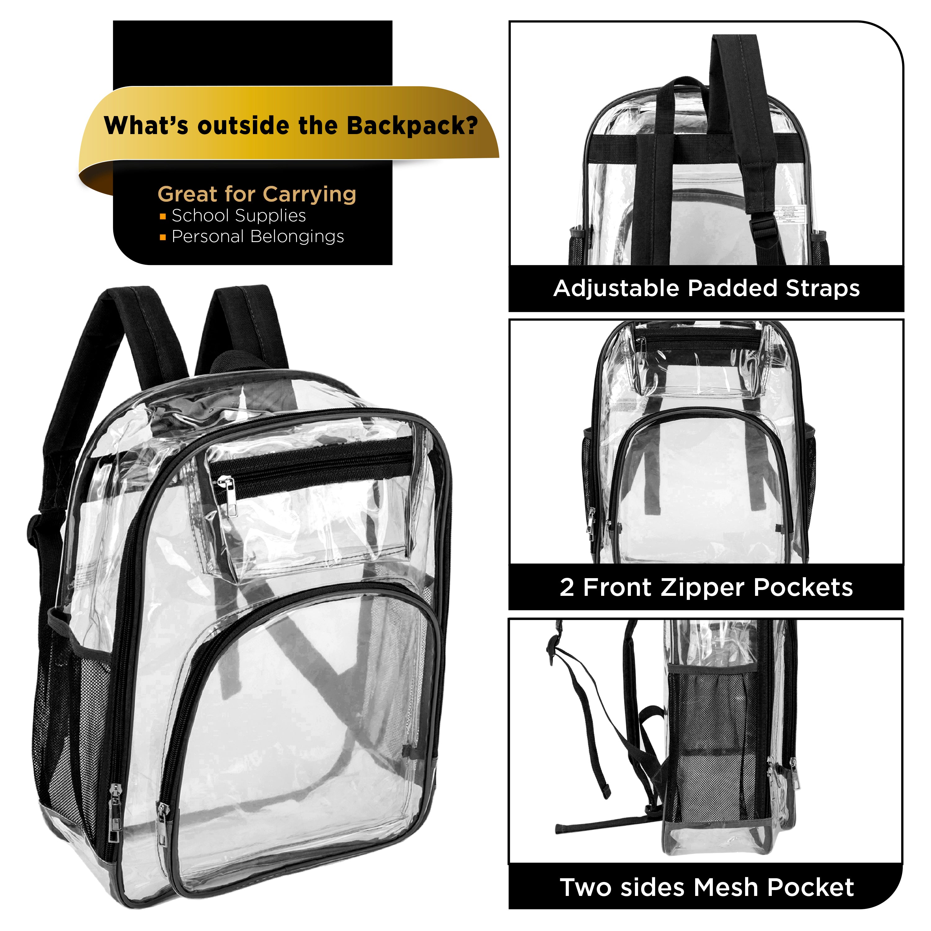 12 Premium 17" Wholesale Clear Backpacks w/Black Trim & 12 Bulk School Supply Kits of Your Choice