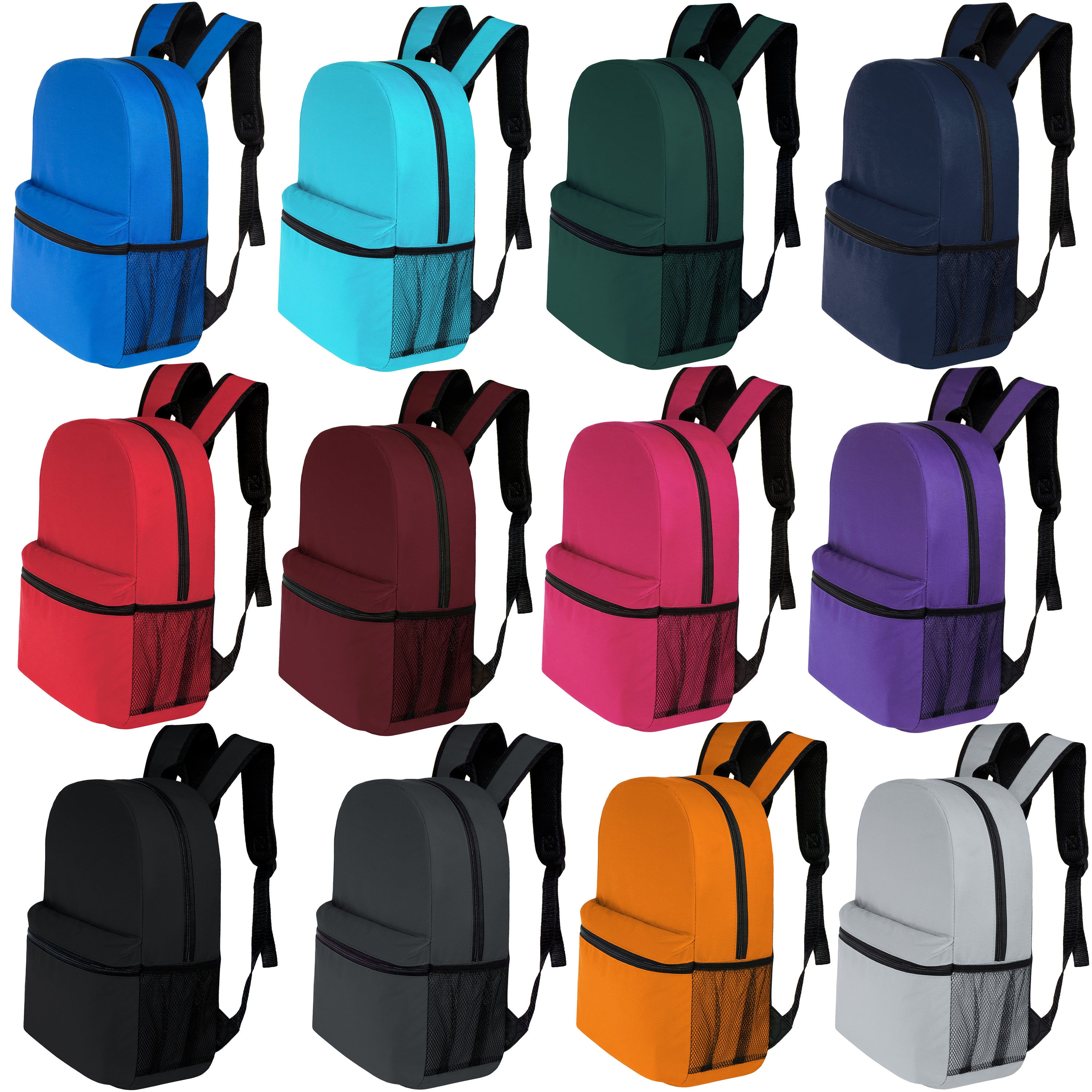 16" Kids Basic Wholesale Backpack in 12 Colors With Side Pocket - Bulk Case of 24 Backpacks 16" Kids Basic Wholesale Backpack in 12 Colors With Side Pocket - Bulk Case of 24 Backpacks
