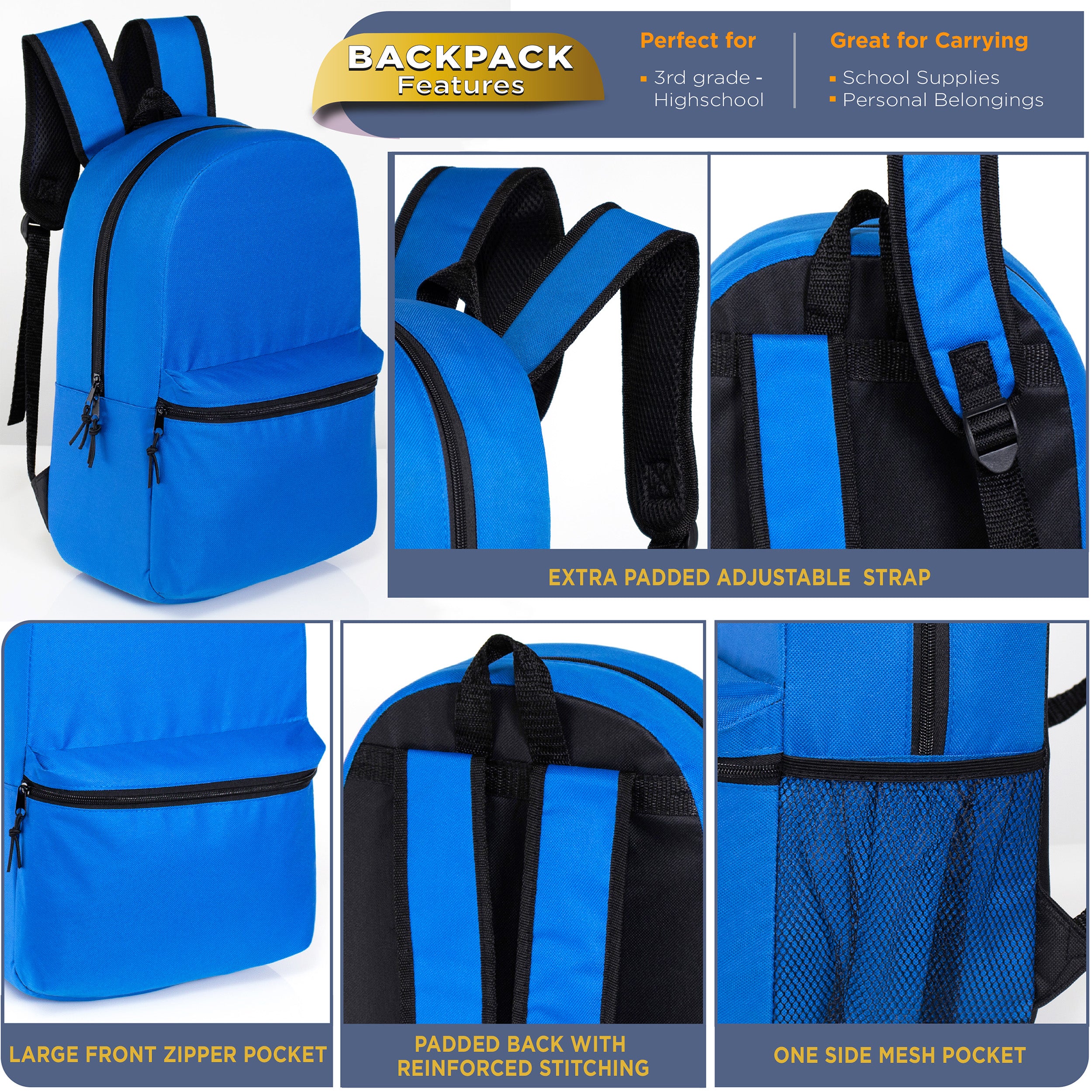 17" Kids Basic Wholesale Backpack in 12 Colors | Side Pocket - Bulk Case of 24 Bookbags