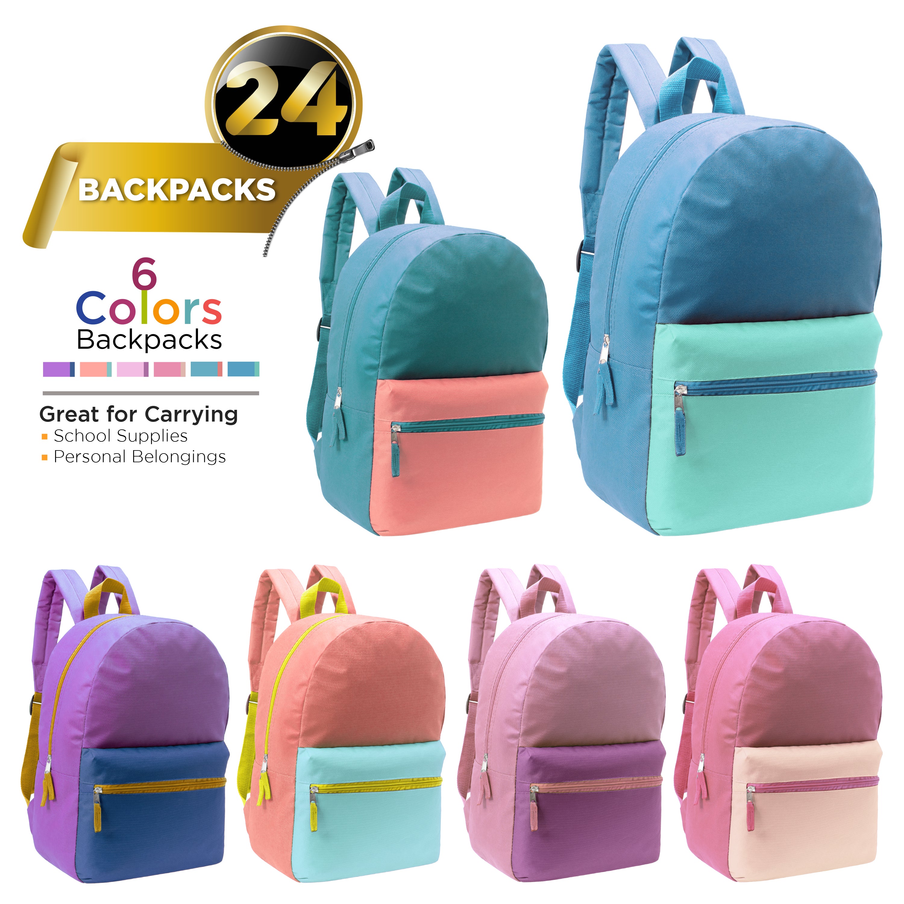 17" Kids Basic Wholesale Backpack in 6 Girl Colors 2 Tone - Bulk Case of 24 Backpacks