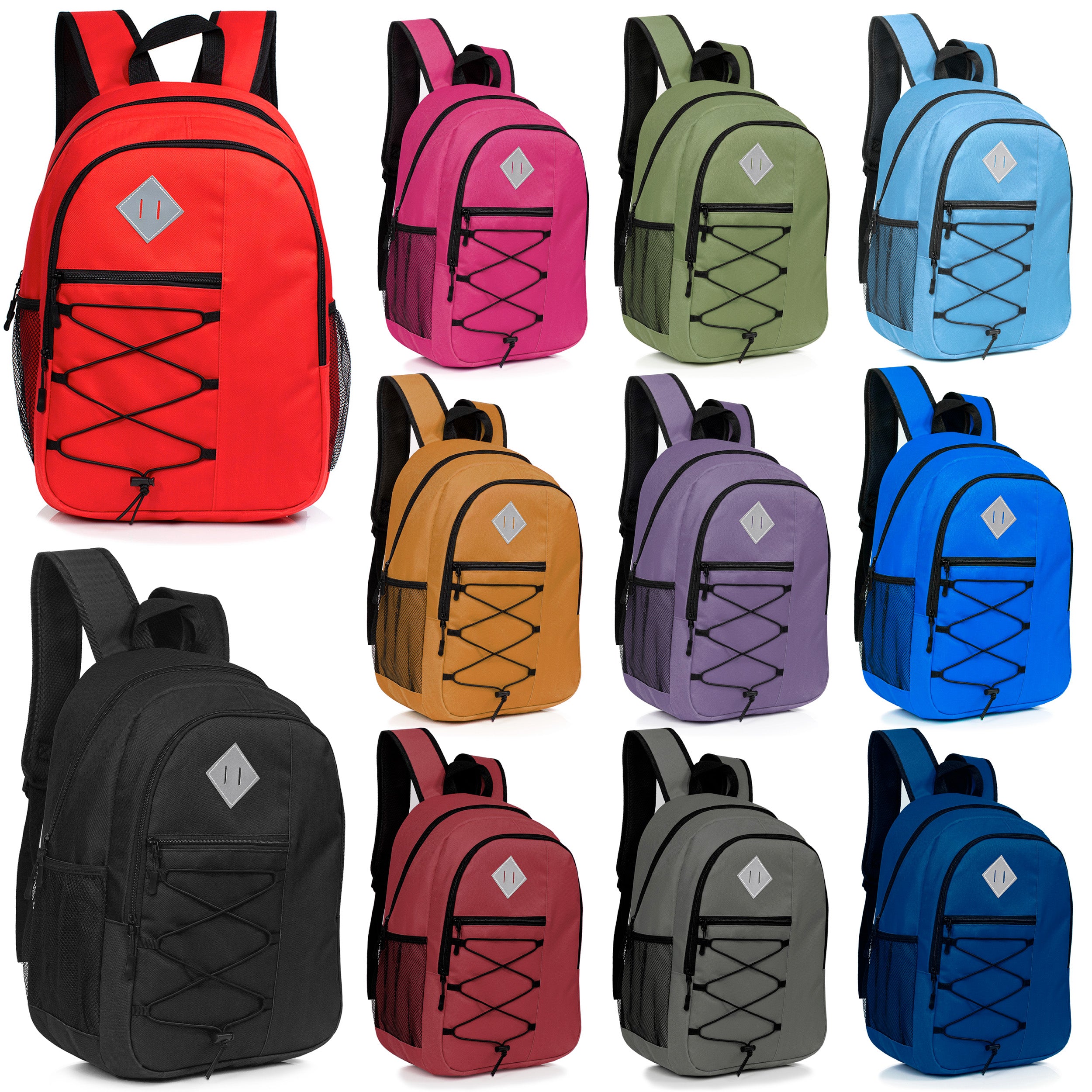 12 Wholesale 18" Bungee Laptop Backpacks in 11 Colors & 12 Bulk School Supply Kits of Your Choice