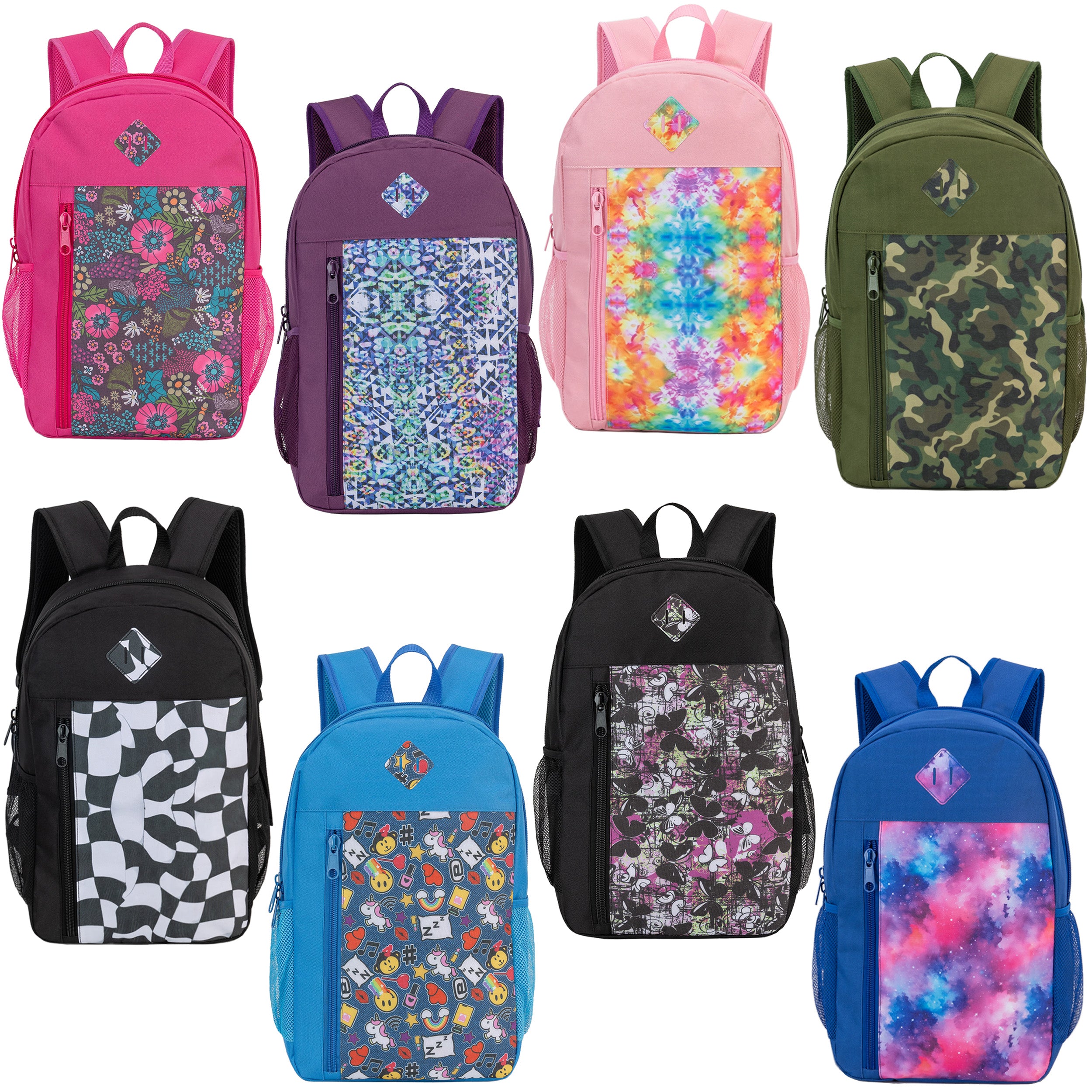 19" Wholesale Backpacks in 8 Prints | Padded Back & Mesh Side Pockets - Bulk Case of 24