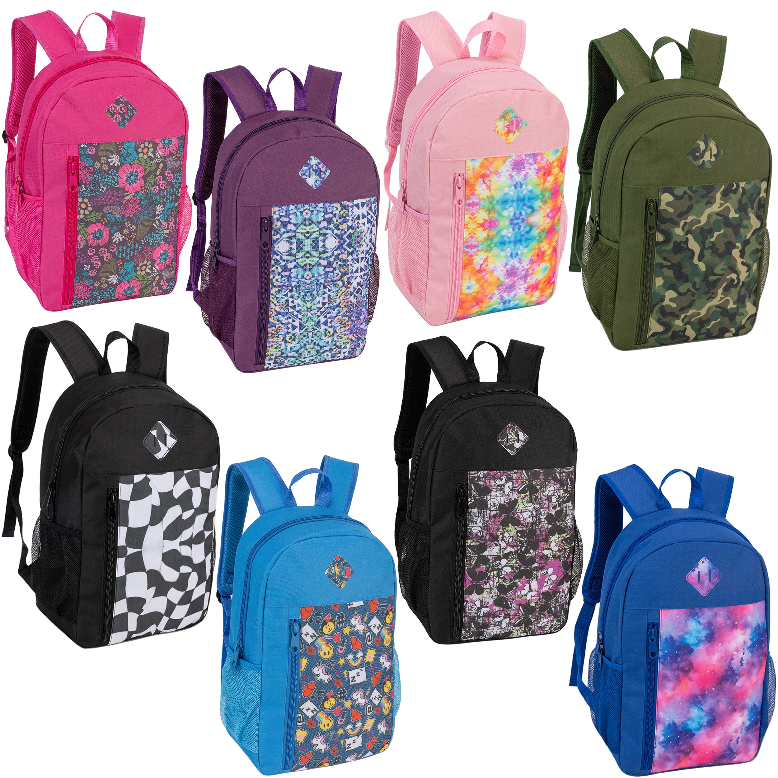 19" Wholesale Backpacks in 8 Prints | Padded Back & Mesh Side Pockets - Bulk Case of 24