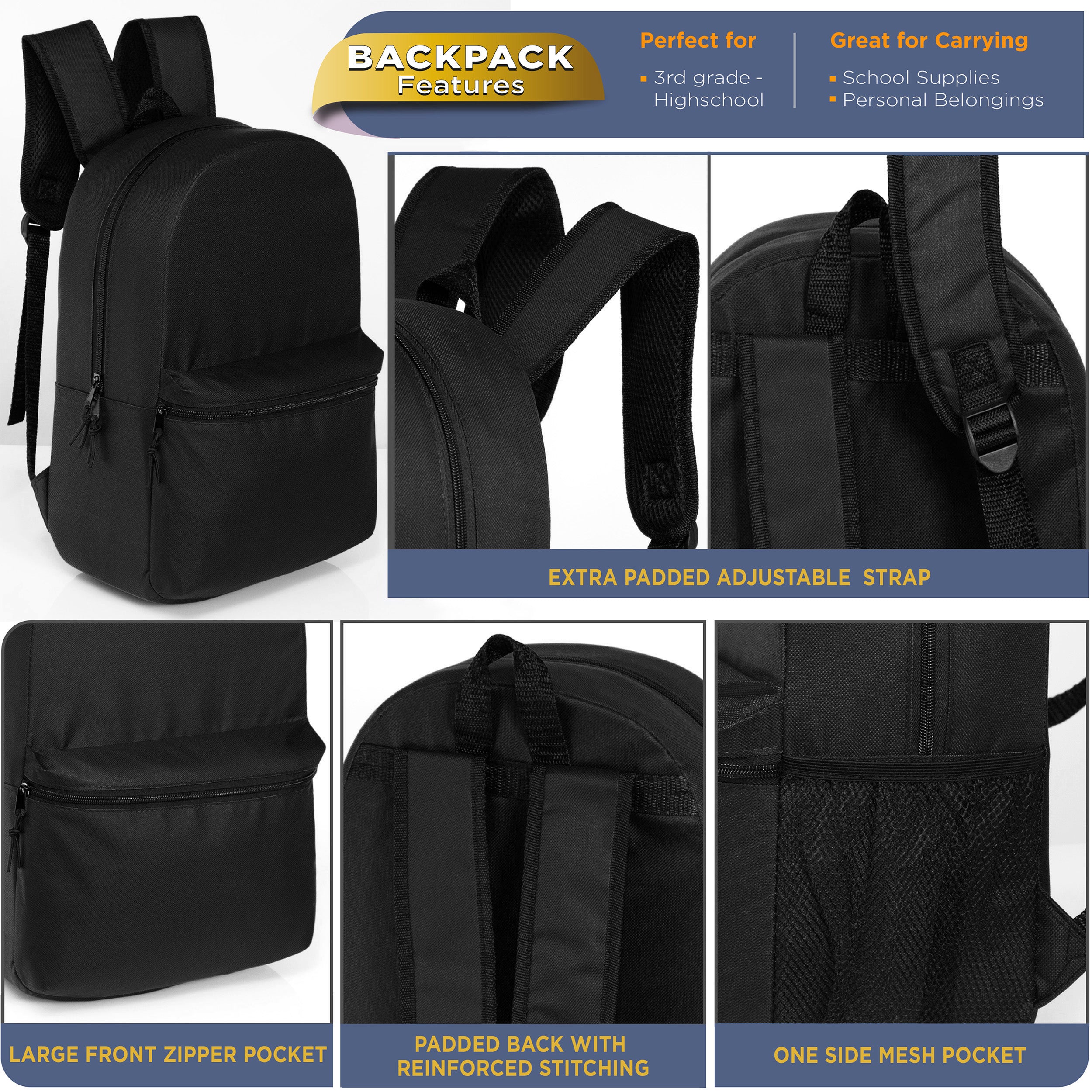 18.5" Basic Wholesale Backpack in Black - Bulk Case of 24 Bookbags