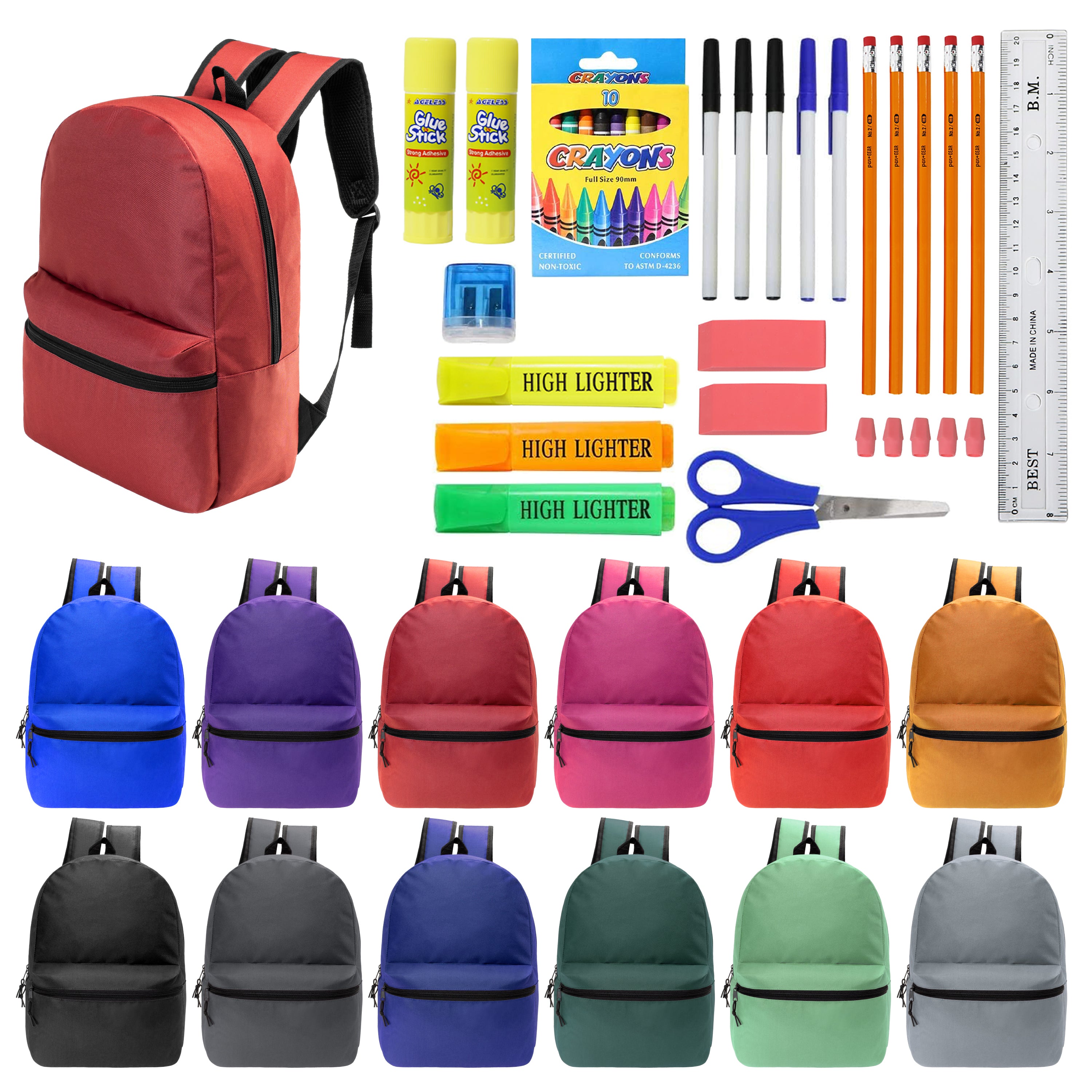 glue mini backpacks 12 Wholesale 17" Basic Backpacks in 12 Assorted Colors & 12 Bulk School Supply Kits of Your Choice