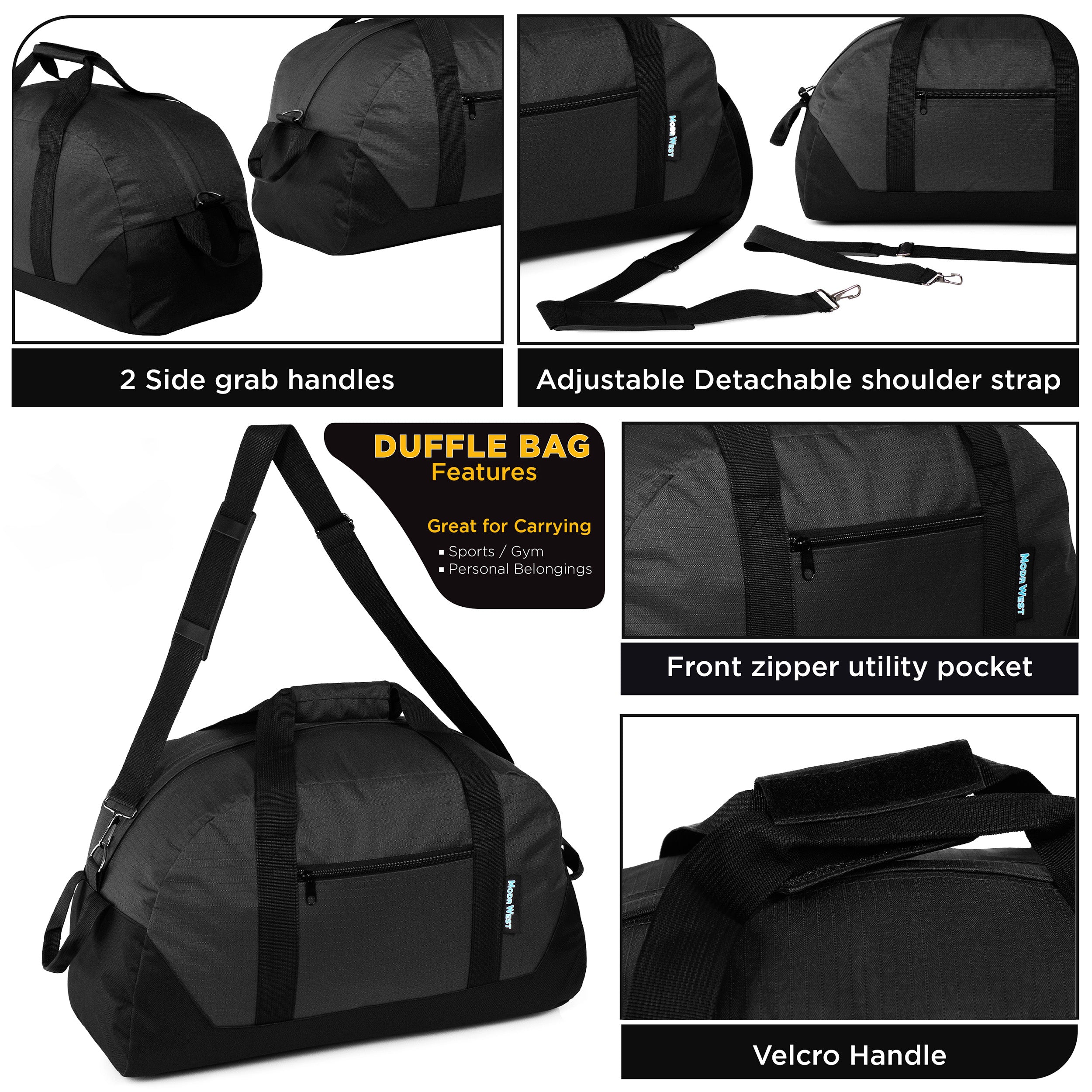 20" Wholesale Duffle Bag in Black with a Removable Strap  - Bulk Case of 24
