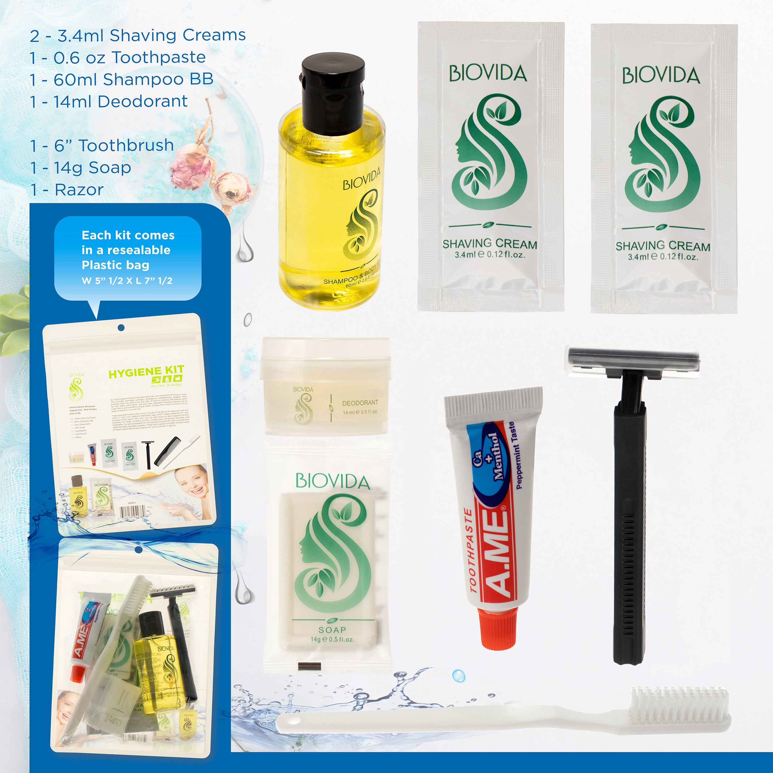 8 Piece Deluxe Wholesale Hygiene Kits - Bulk Toiletry Case of 96 Biovida