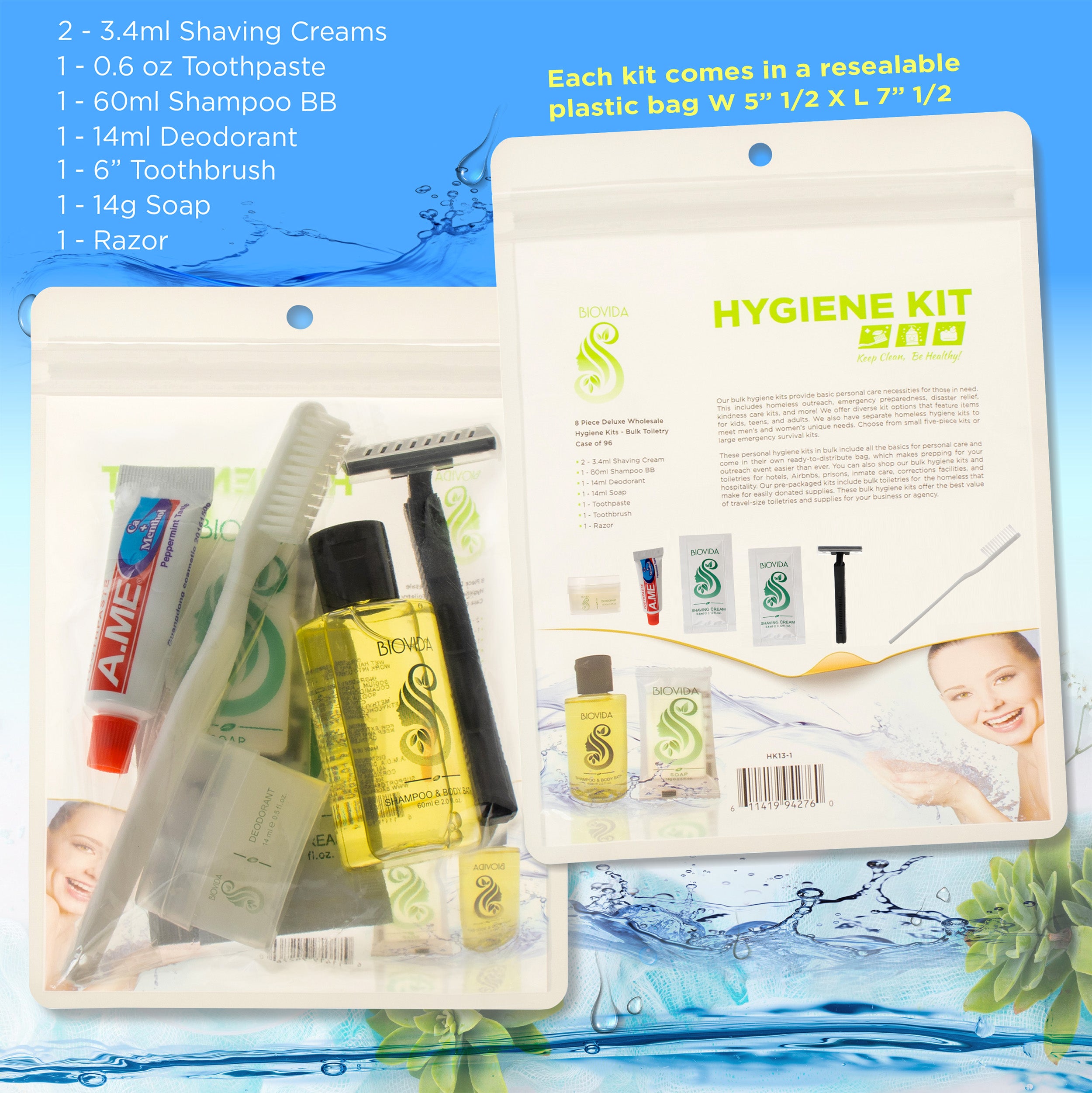 8 Piece Deluxe Wholesale Hygiene Kits - Bulk Toiletry Case of 96 Biovida