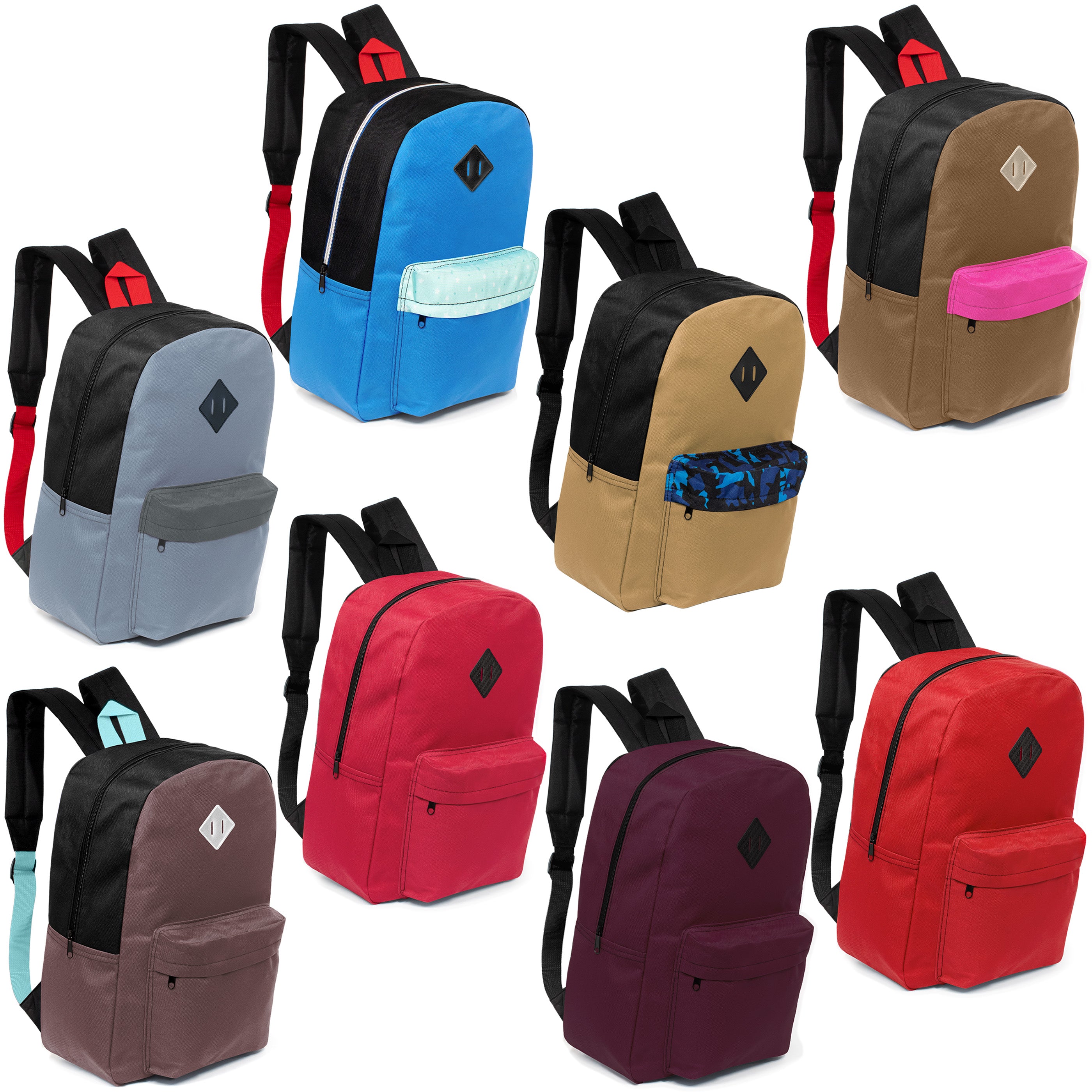 12 Wholesale 17" Padded Backpacks in 8 Random Prints & 12 Bulk School Supply Kits of Your Choice