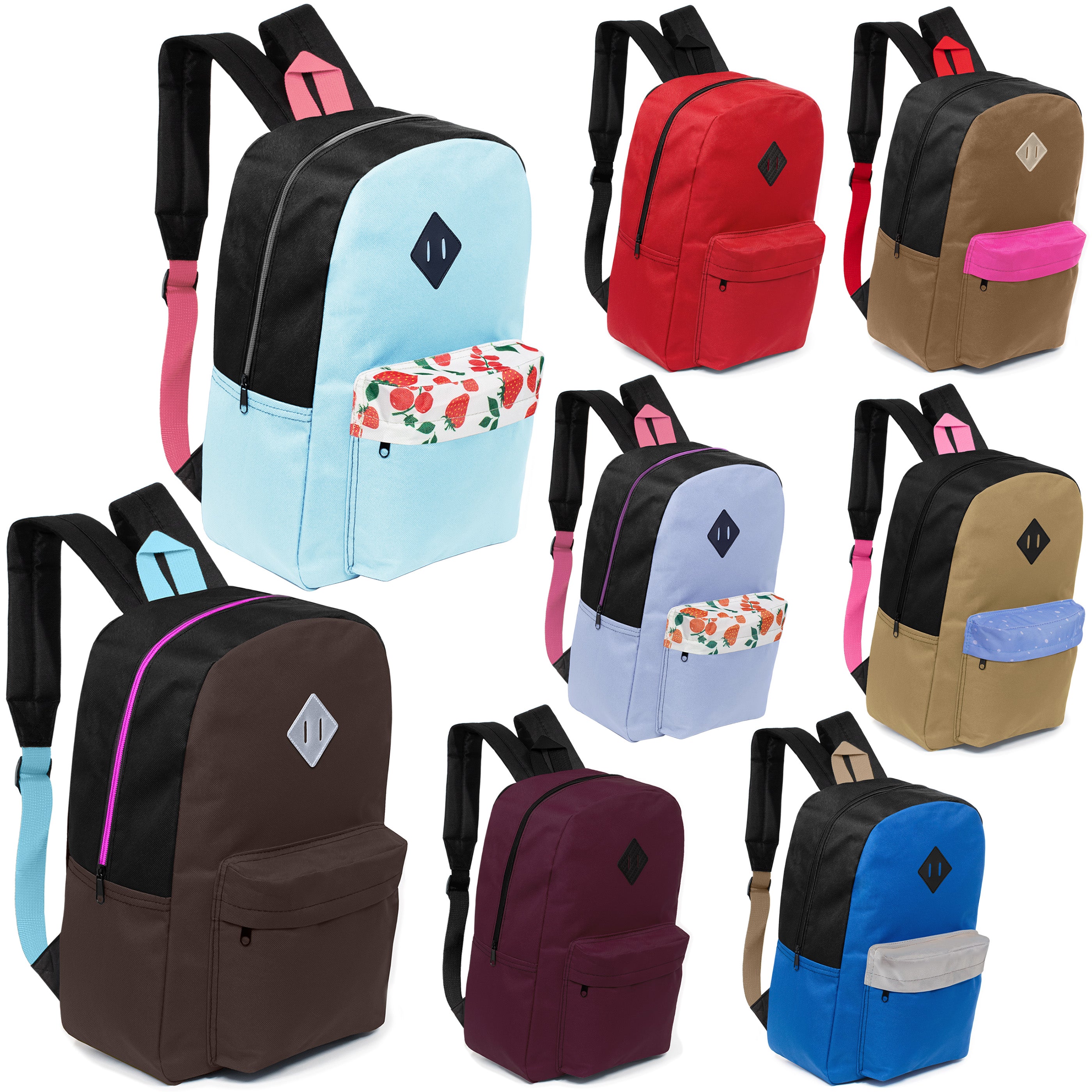 12 Wholesale 17" Padded Backpacks in 8 Random Prints & 12 Bulk School Supply Kits of Your Choice