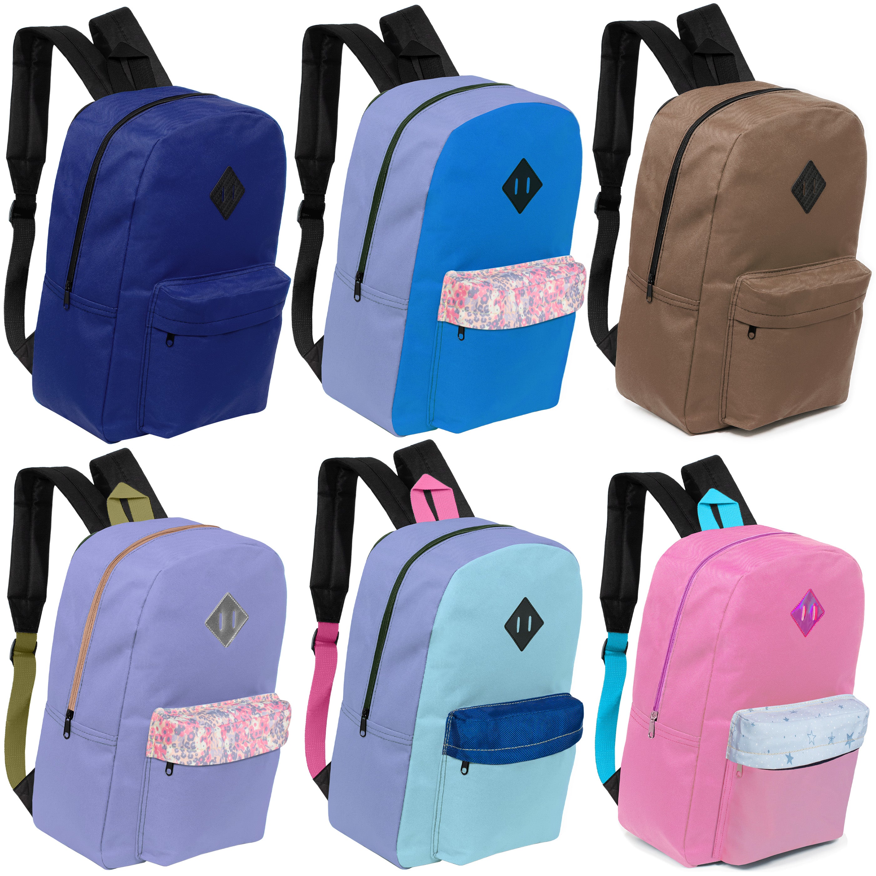 12 Wholesale 17" Padded Backpacks in 6 Random Prints & 12 Bulk School Supply Kits of Your Choice