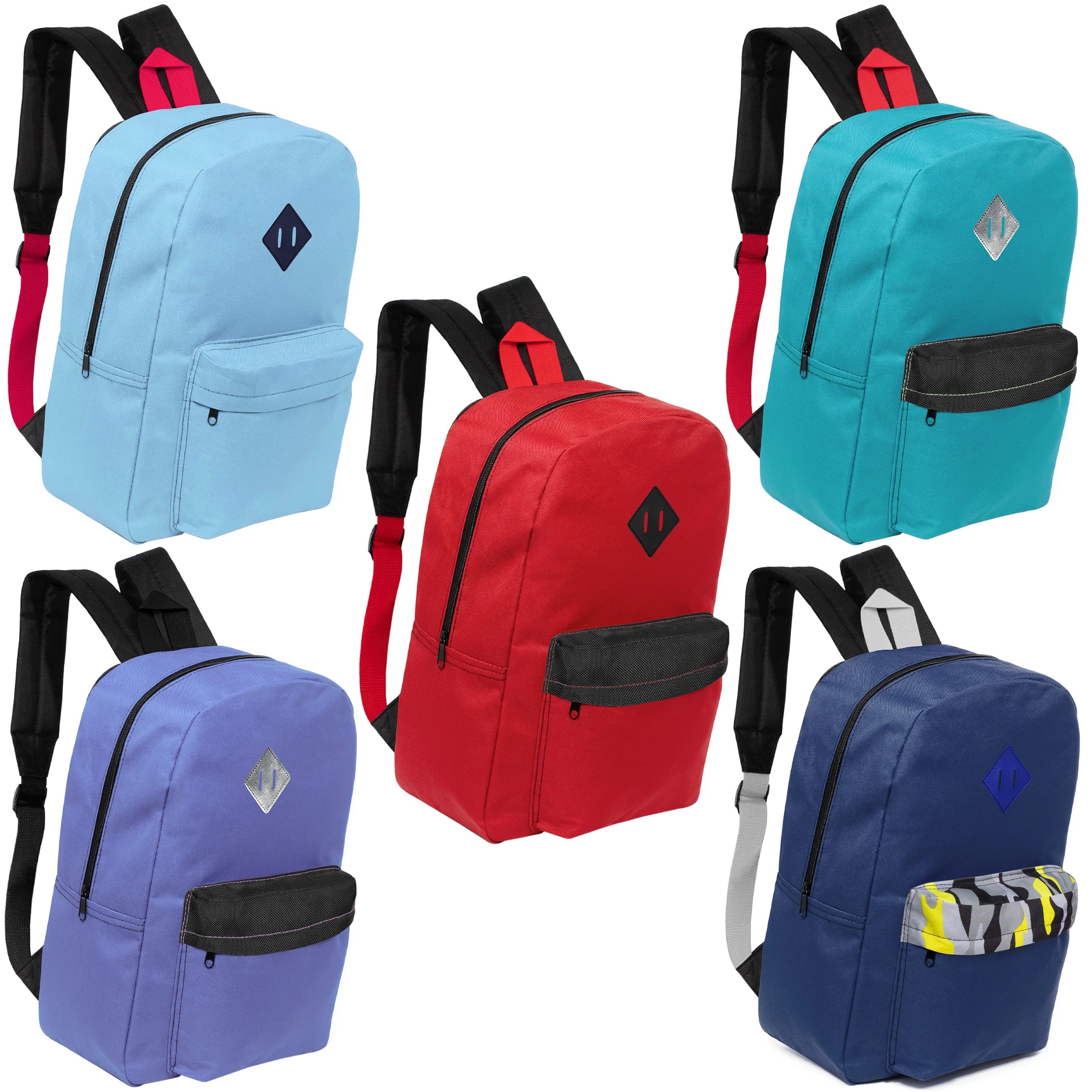 12 Wholesale 17" Padded Backpacks in 5 Random Prints & 12 Bulk School Supply Kits of Your Choice