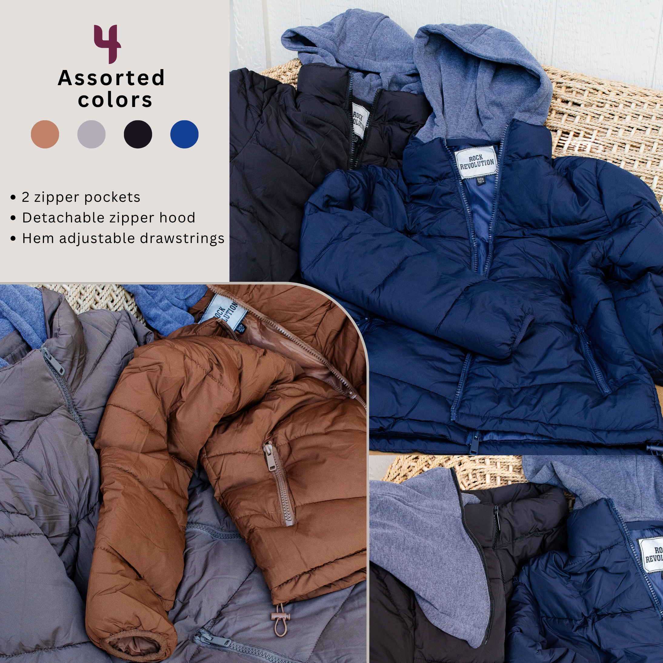 Men's Hooded Warm Winter Wholesale Coats in Assorted Colors & Sizes - Bulk Case of 12 Winter Jackets