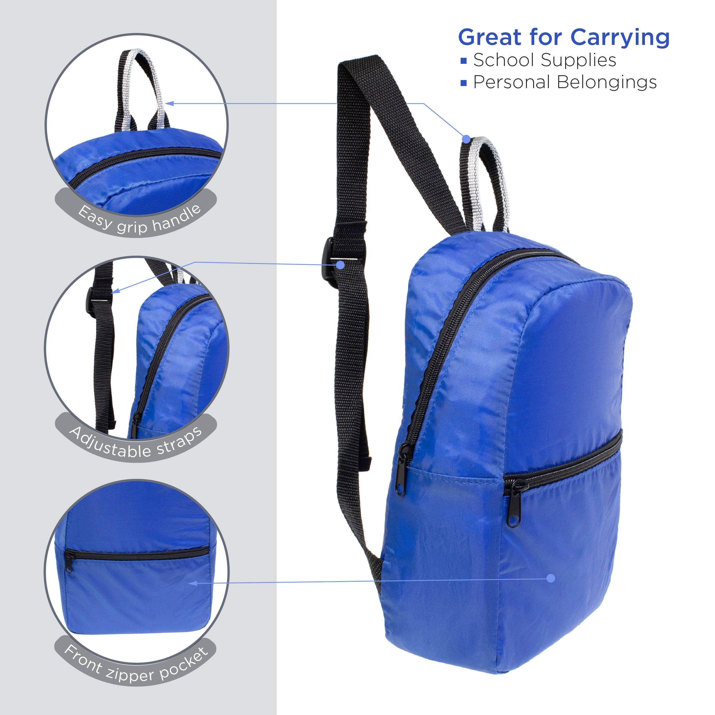 11.5" Wholesale Foldable Lightweight Waterproof Travel Backpack - Case of 100 Bookbags