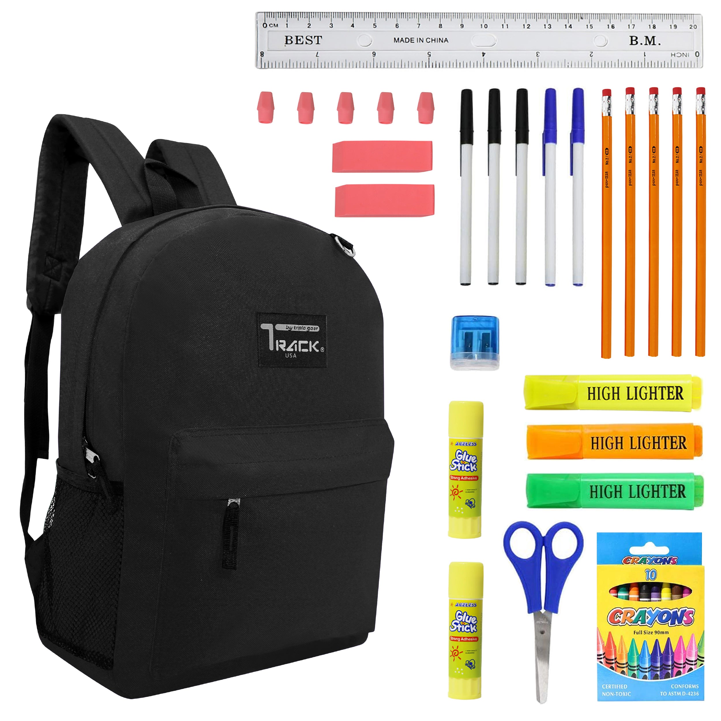 17 Inch Bulk Backpacks in Assorted Colors with School Supply Kits wholesale - Case of 12