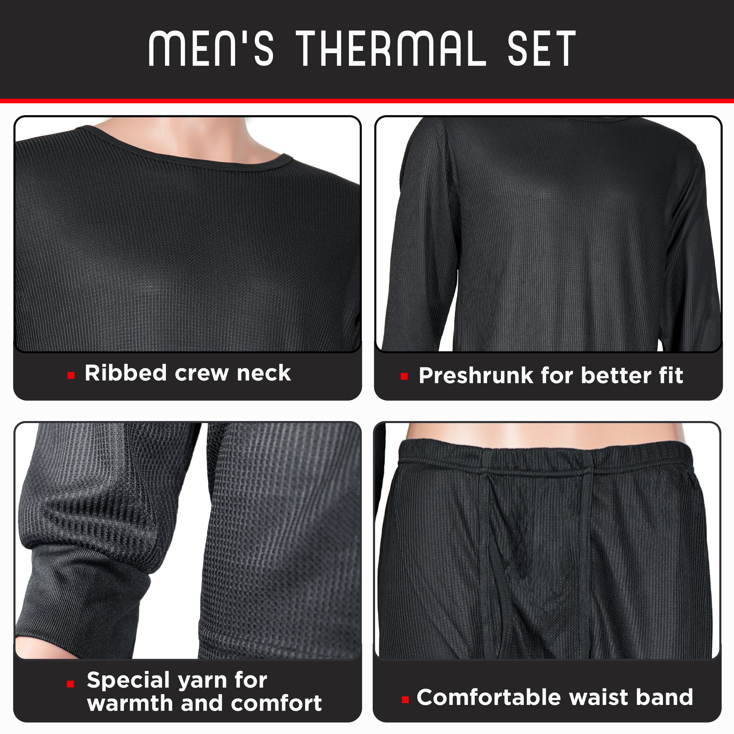 Men's Charcoal Grey Winter Thermal Underwear Set Assorted Sizes - Bulk Case of 24