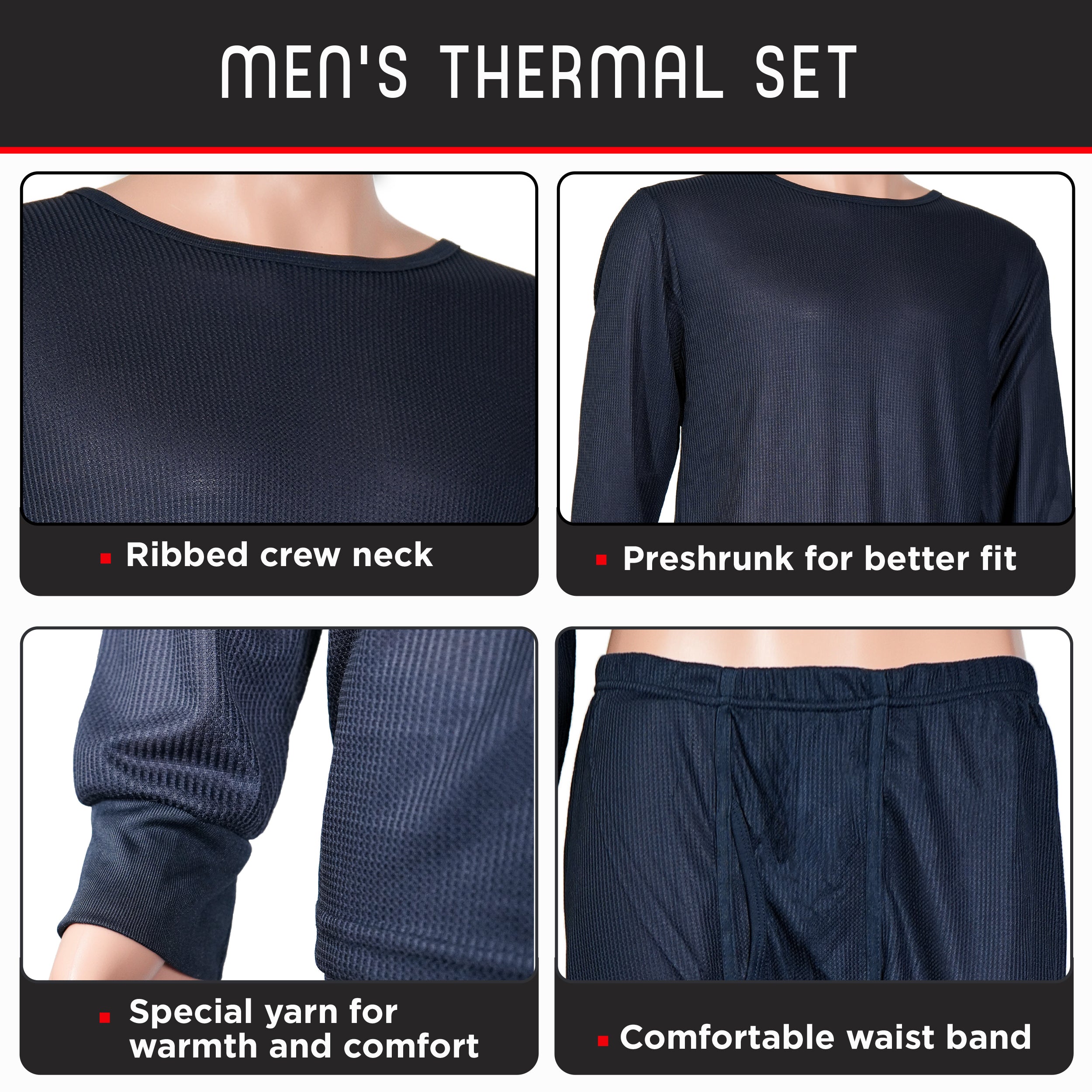 Men's Navy Blue Winter Thermal Underwear Set Assorted Sizes - Bulk Case of 24