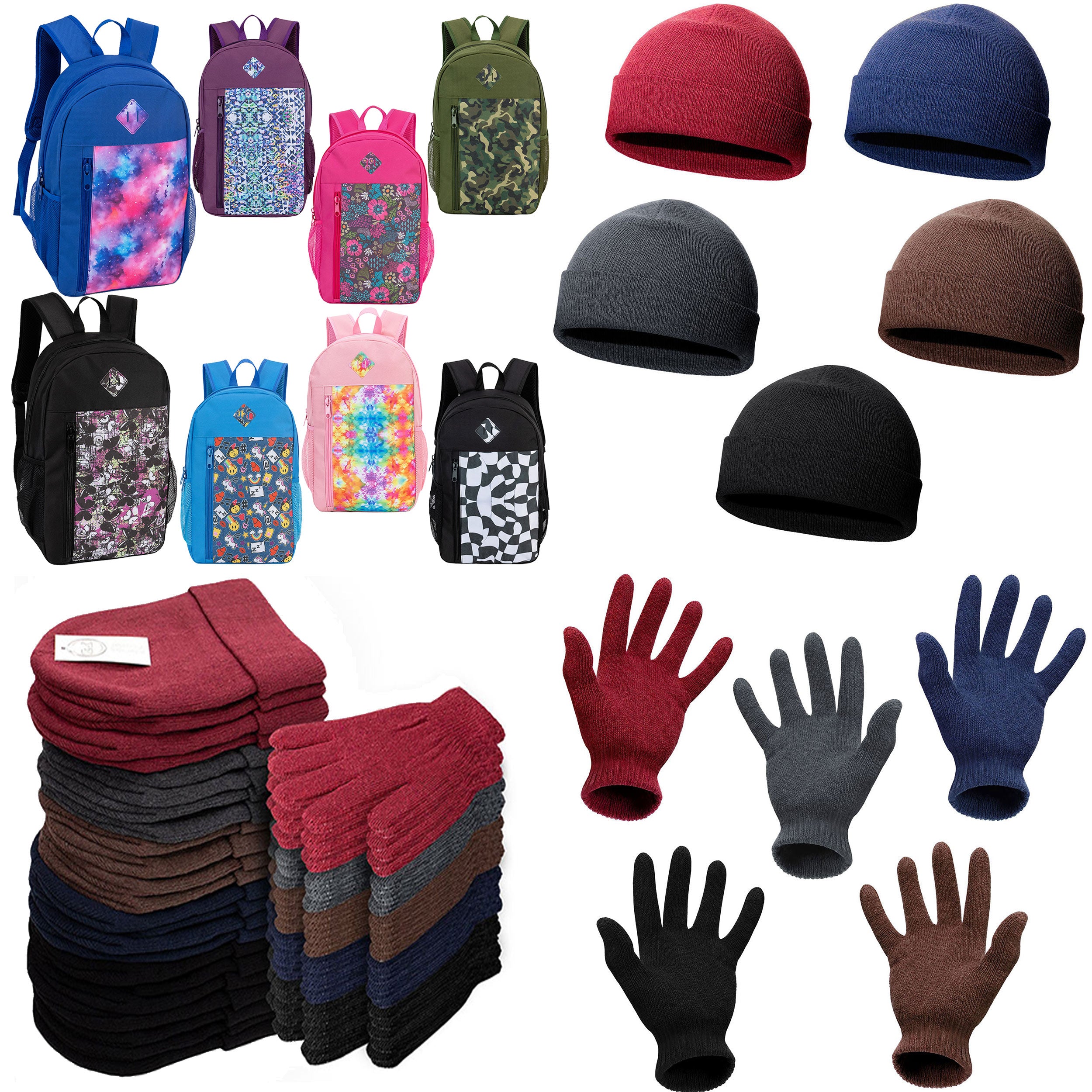 12 Patterned 19" Backpacks & Your Choice of 12 Winter Item Sets - Wholesale Care Package: Homeless, Emergency, Charity