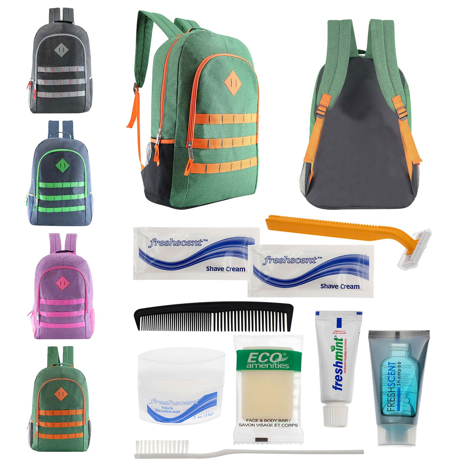 Bulk Case of 12 Backpacks and 12 Hygiene & Toiletries Kit - Wholesale Care Package - Disaster Relief Kit, Homeless, Charity