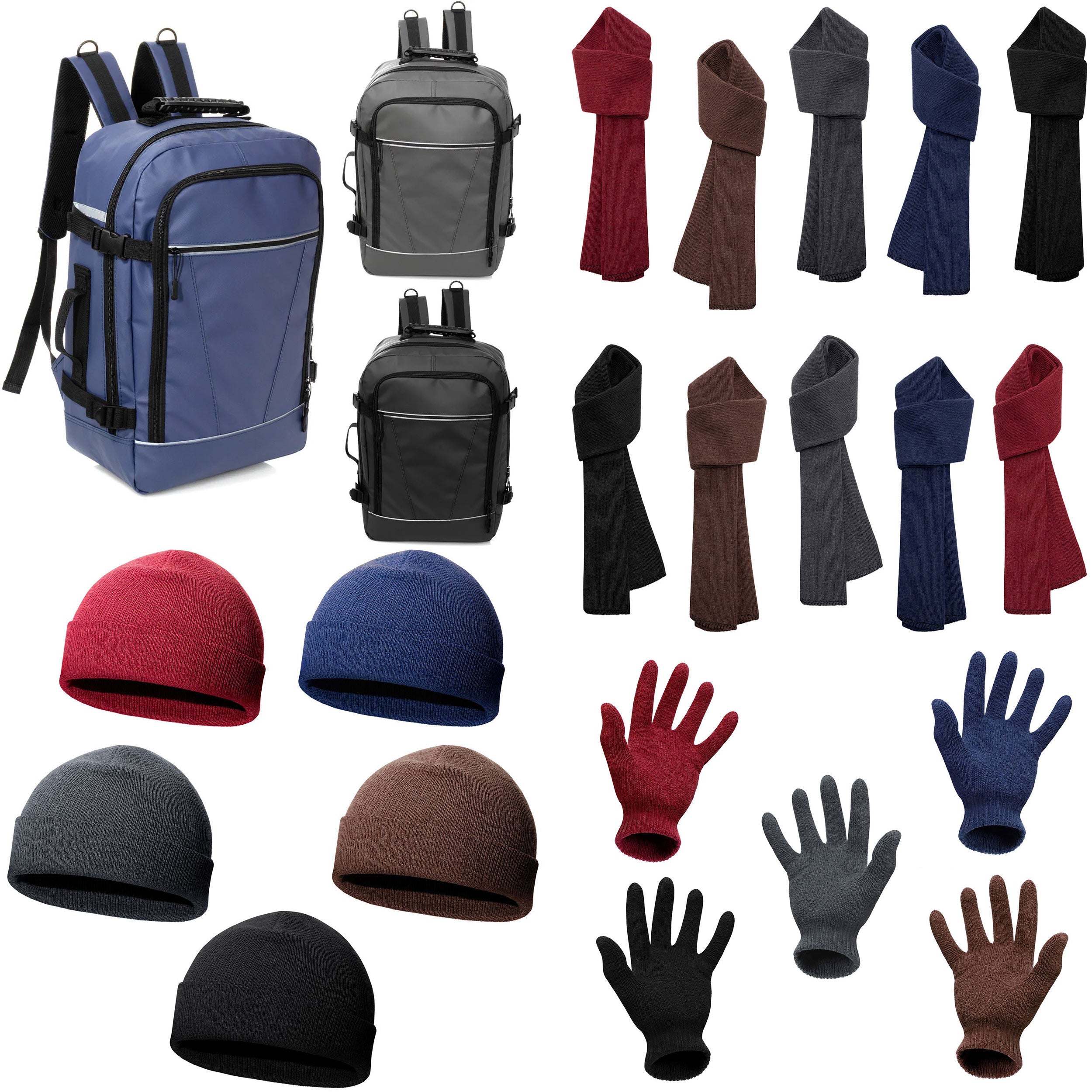 12 Travel 18" Backpacks in 3 Colors & Your Choice of 12 Winter Item Sets - Wholesale Care Package: Homeless, Emergency, Charity