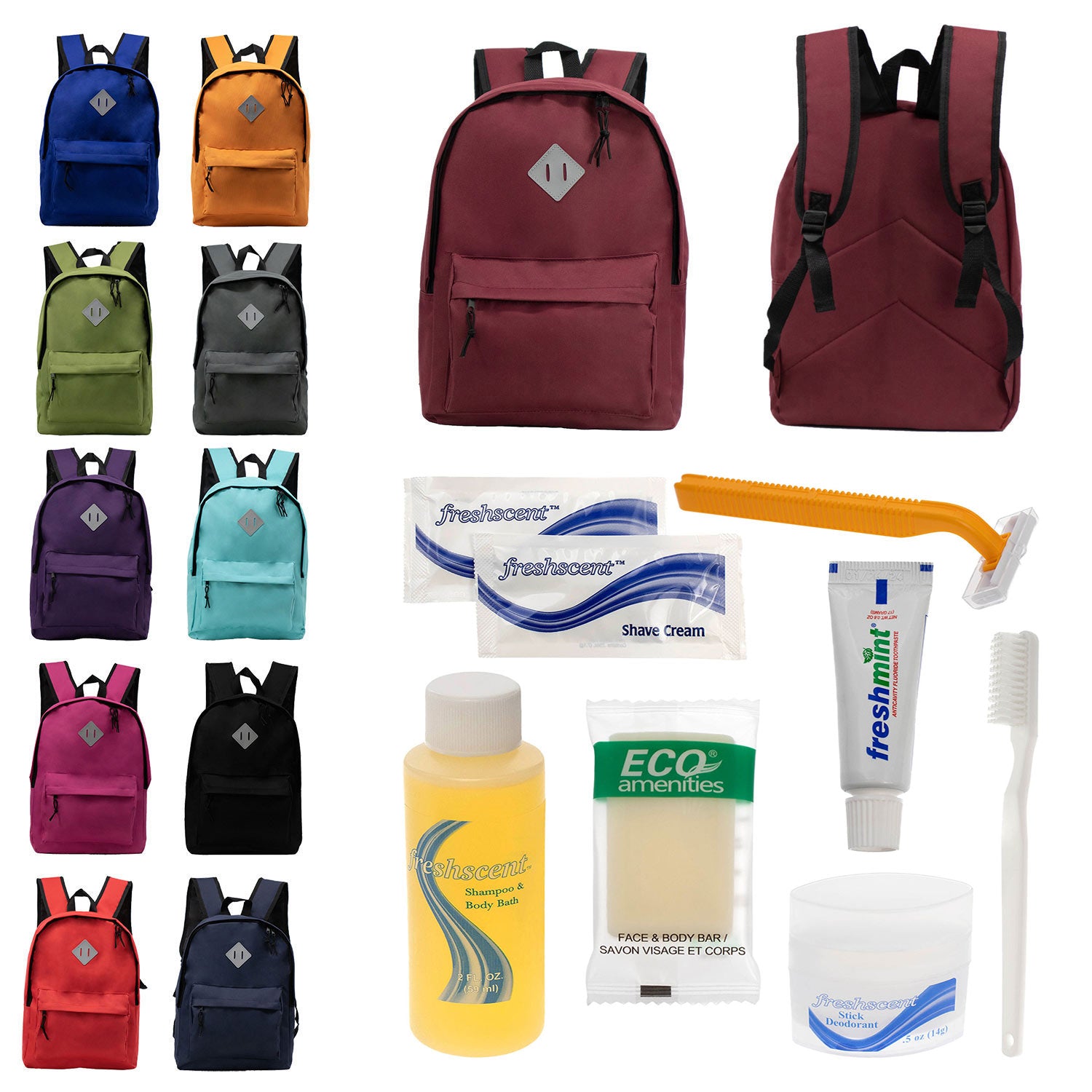 Bulk Case of 12 Backpacks and 12 Hygiene & Toiletries Kit - Wholesale Care Package - Disaster Relief Kit, Homeless, Charity