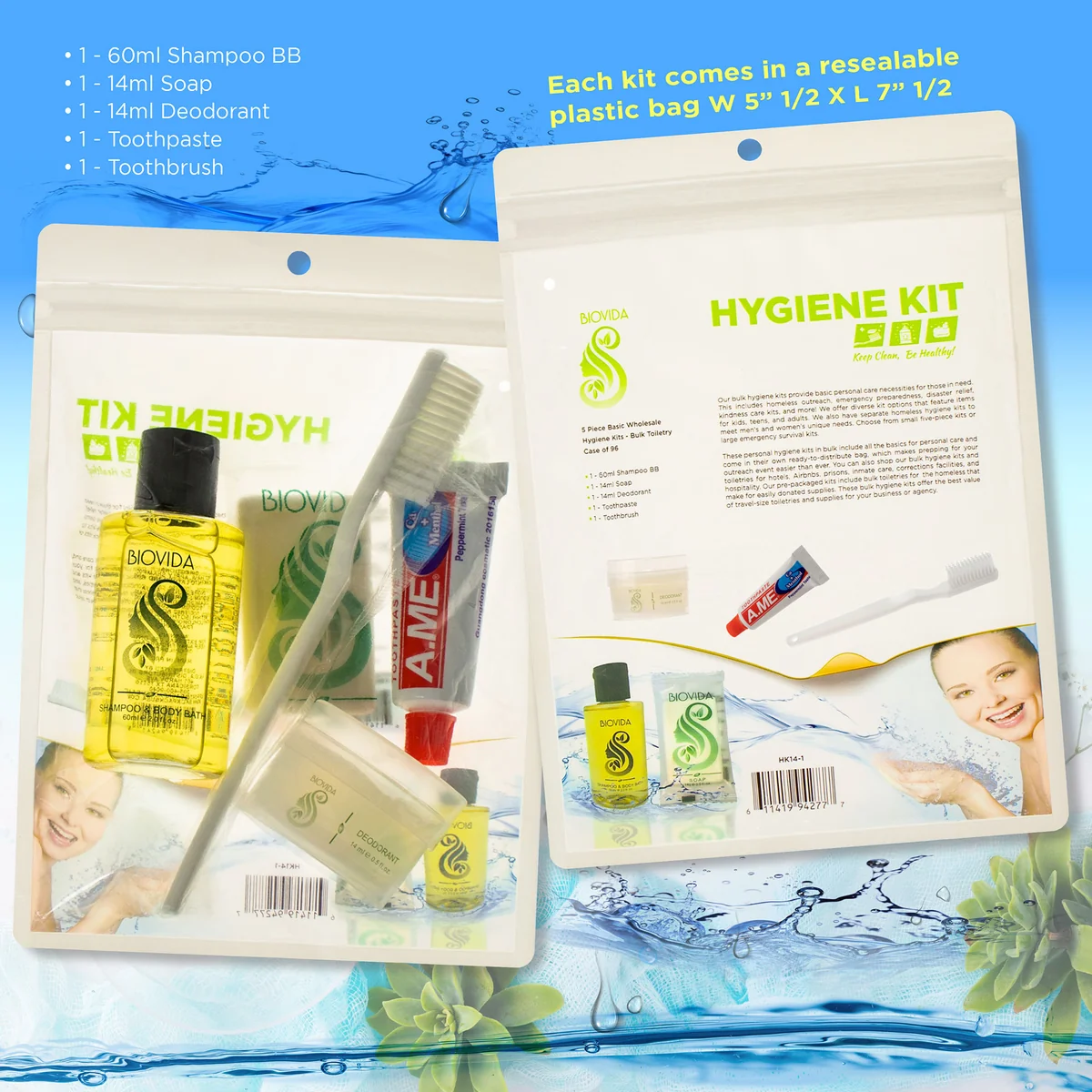 5 Piece Biovida Basic Wholesale Hygiene Kits - Bulk Toiletry Supplies - Case of 96