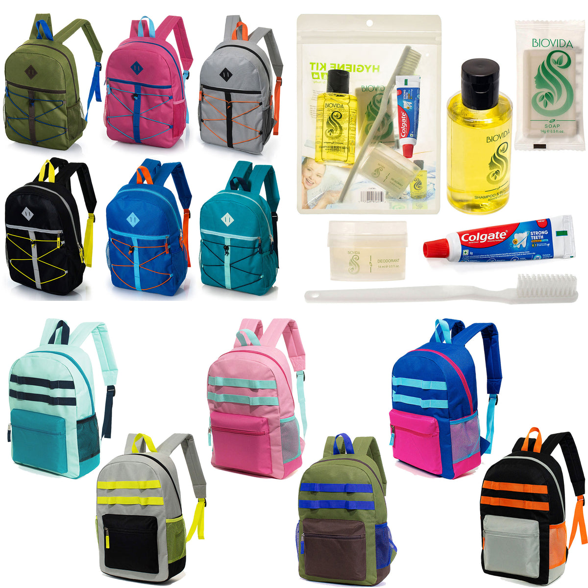 12 Bungee & Daisy Chain 17" Backpacks & Your Choice of 12 Bulk Hygiene Kits - Wholesale Care Package: Homeless, Emergency, Charity