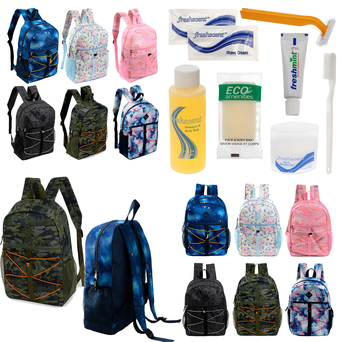 12 Bungee 17" Backpacks in 6 Prints & Your Choice of 12 Bulk Hygiene Kits - Wholesale Care Package: Homeless, Emergency, Charity