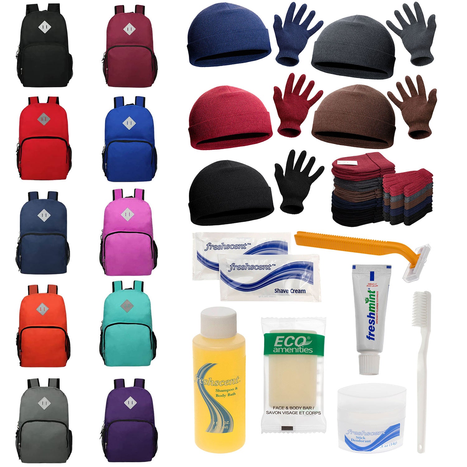 Bulk Case of 12 18" Backpacks and 12 Winter Item Sets and 12 Hygiene Kits - Wholesale Care Package - Emergencies, Homeless, Charity