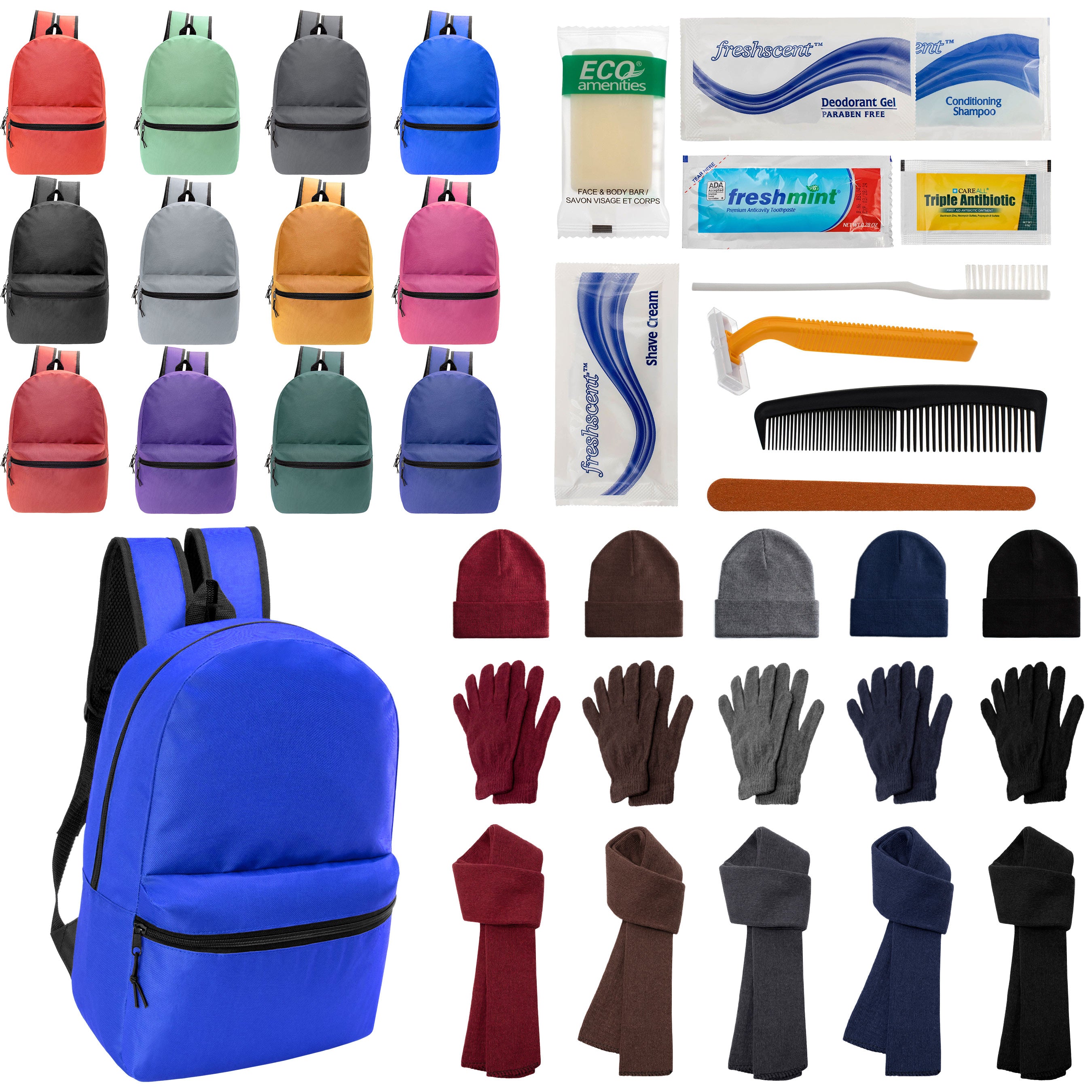 12 Basic 18.5" Backpacks in 12 Colors, 12 Winter Item Sets & Your Choice of 12 Bulk Hygiene Kits - Wholesale Homeless Care Package