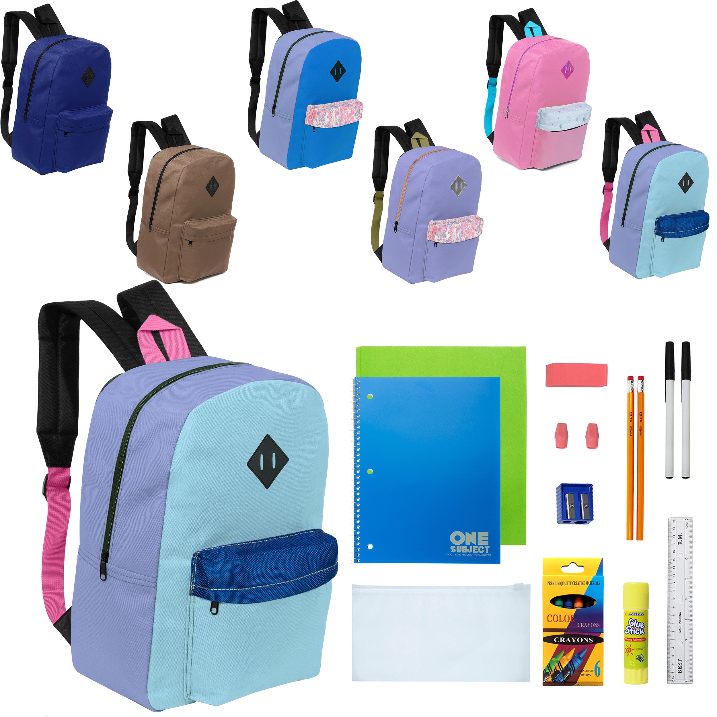 12 Wholesale 17" Padded Backpacks in 6 Random Prints & 12 Bulk School Supply Kits of Your Choice