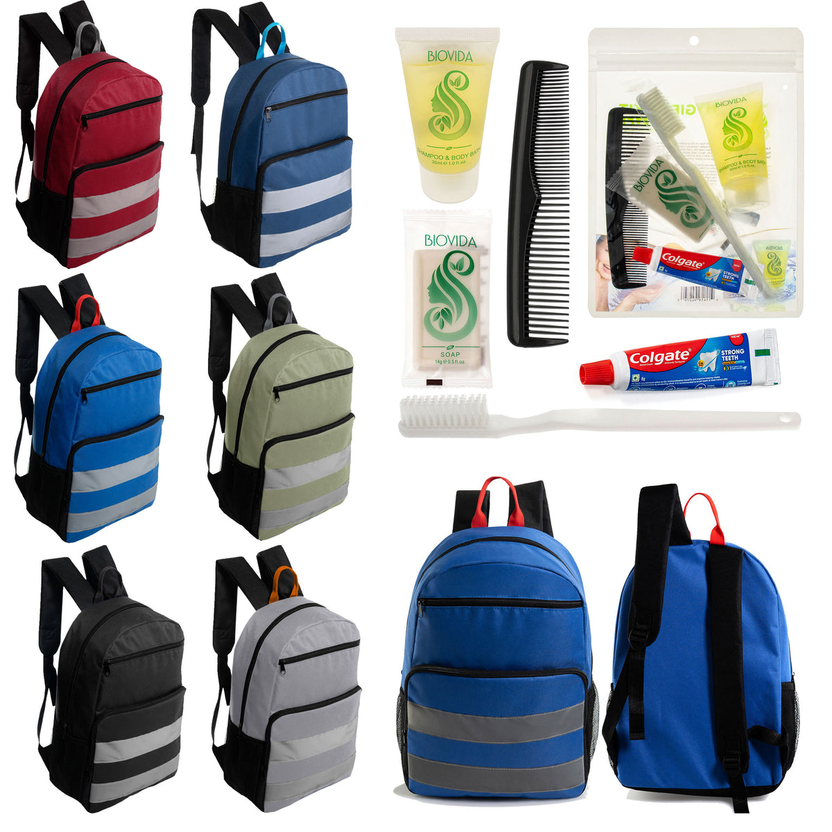12 Reflective Strip 17" Backpacks & Your Choice of 12 Bulk Hygiene Kits - Wholesale Care Package: Homeless, Emergency, Charity