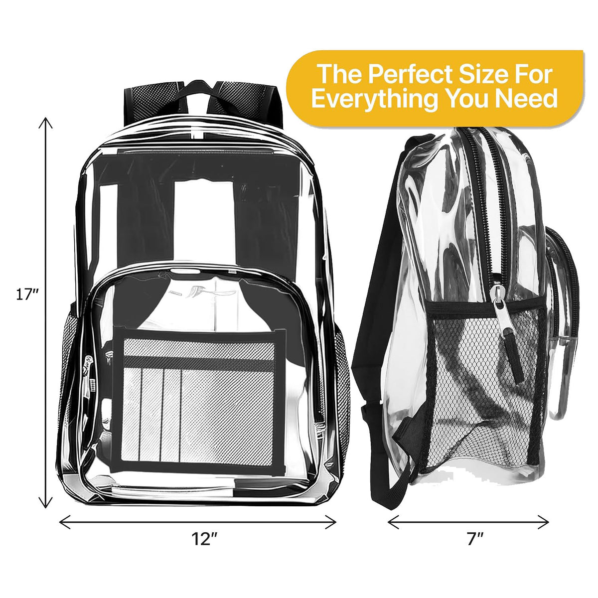 17 " Clear Wholesale Backpack w/ Black Trim & Side Pockets For School Students - Bulk Case of 24