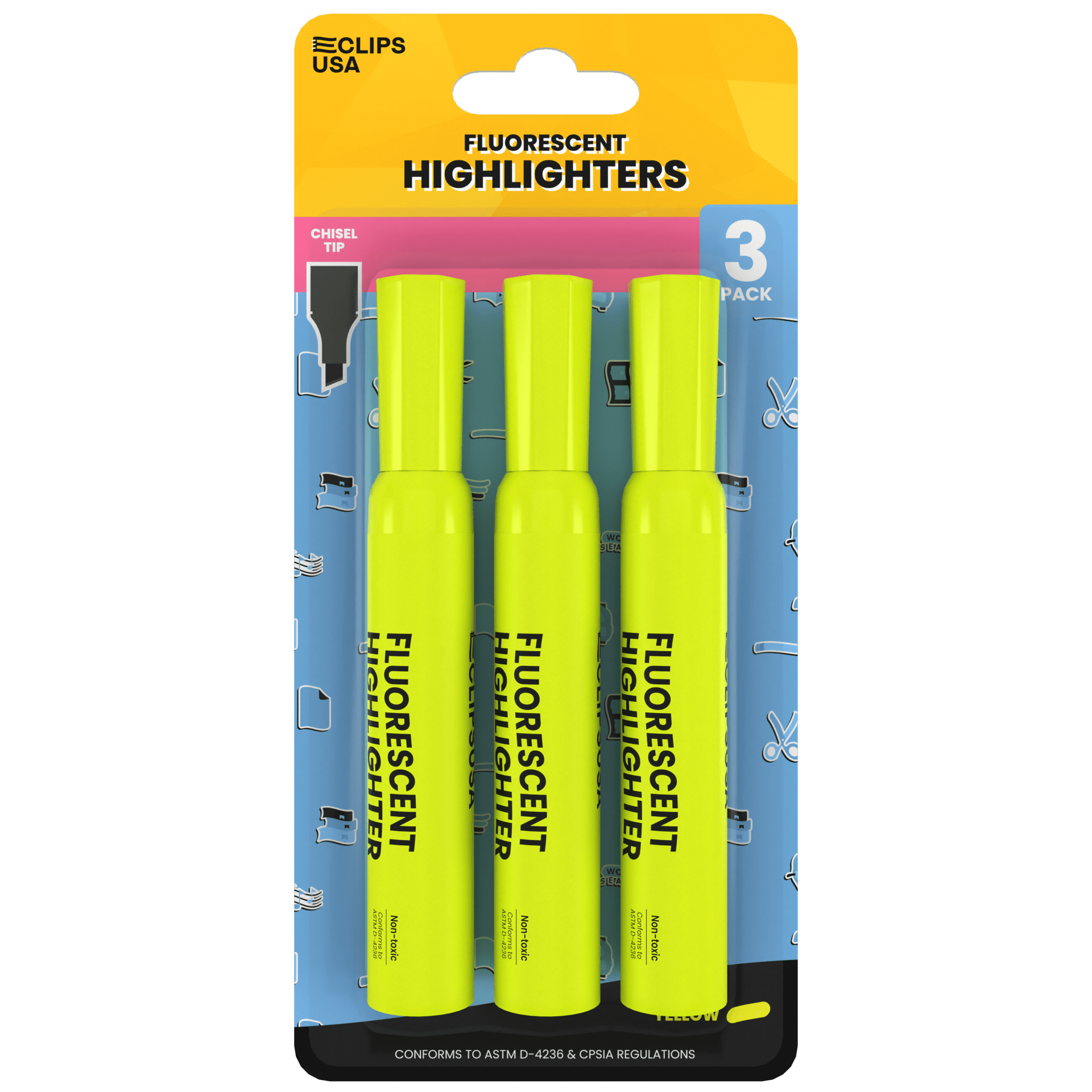 Wholesale Yellow Highlighters | Chisel Tip | 3 Pack - 36 Packs / Case - 108 Total Highlighters