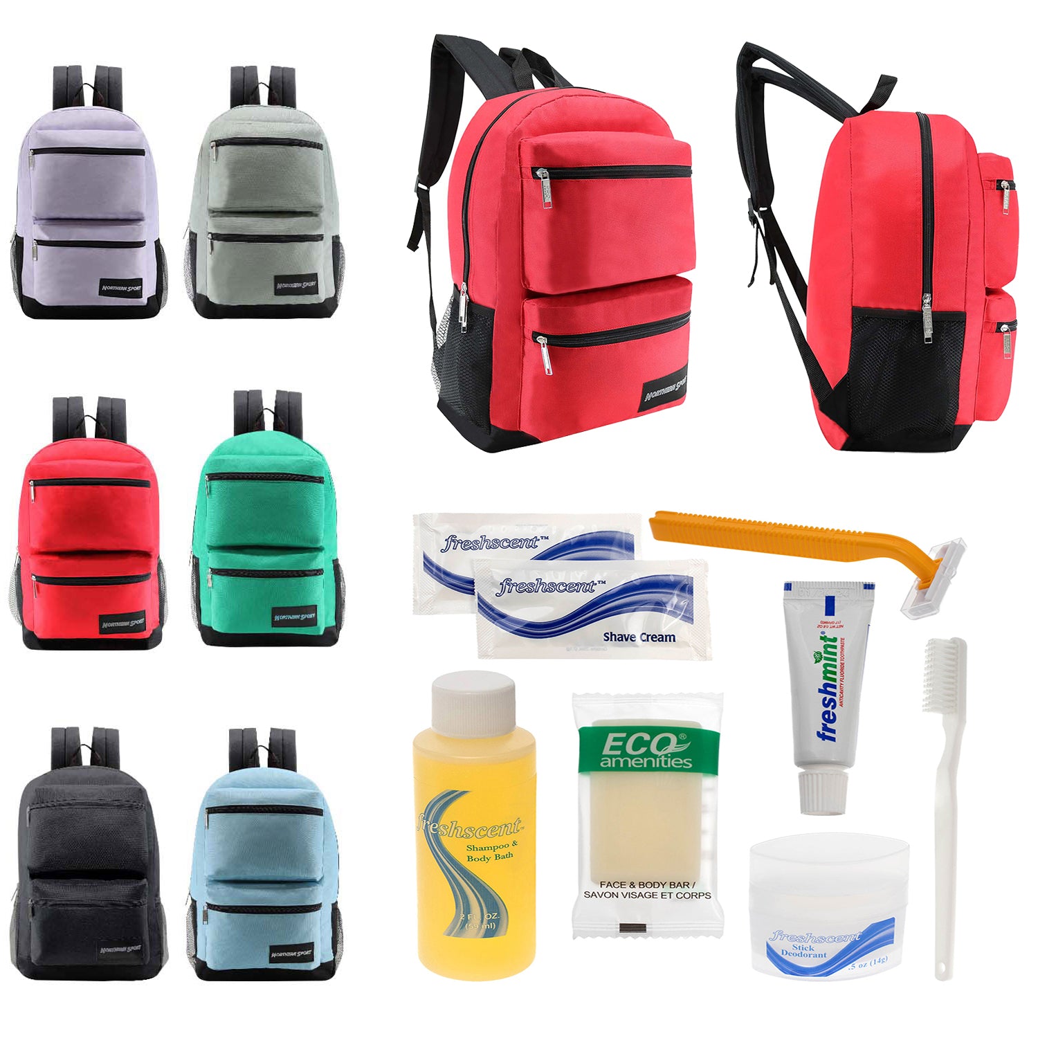 Bulk Case of 12 Backpacks and 12 Hygiene / Toiletries Kit - Wholesale Care Package - Disaster Relief Kit, Homeless, Charity