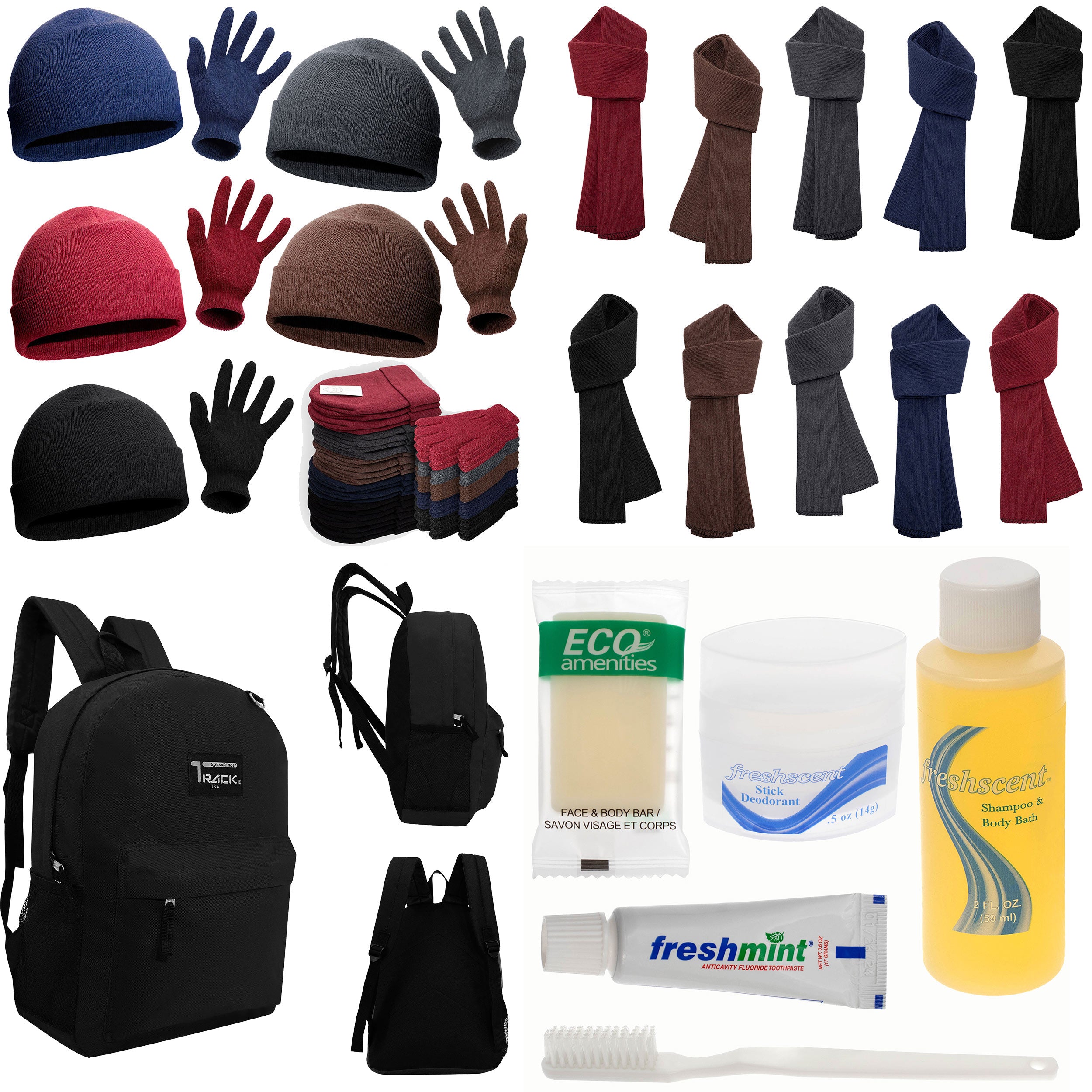 12 Black 17" Backpacks with 12 Winter Item Sets & Your Choice of 12 Bulk Hygiene Kits - Wholesale Homeless Care Package