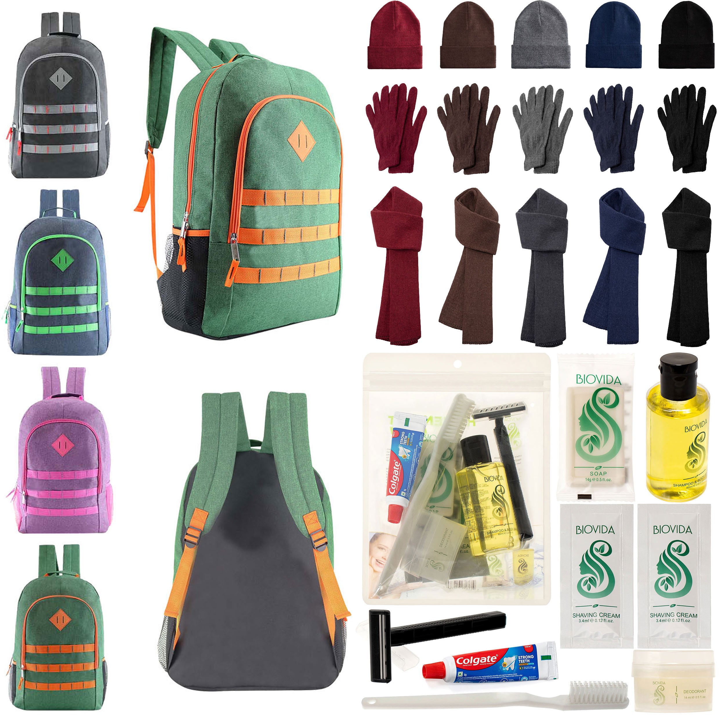 12 Deluxe 19" Backpacks in 4 Colors, 12 Winter Item Sets & Your Choice of 12 Bulk Hygiene Kits - Wholesale Homeless Care Package