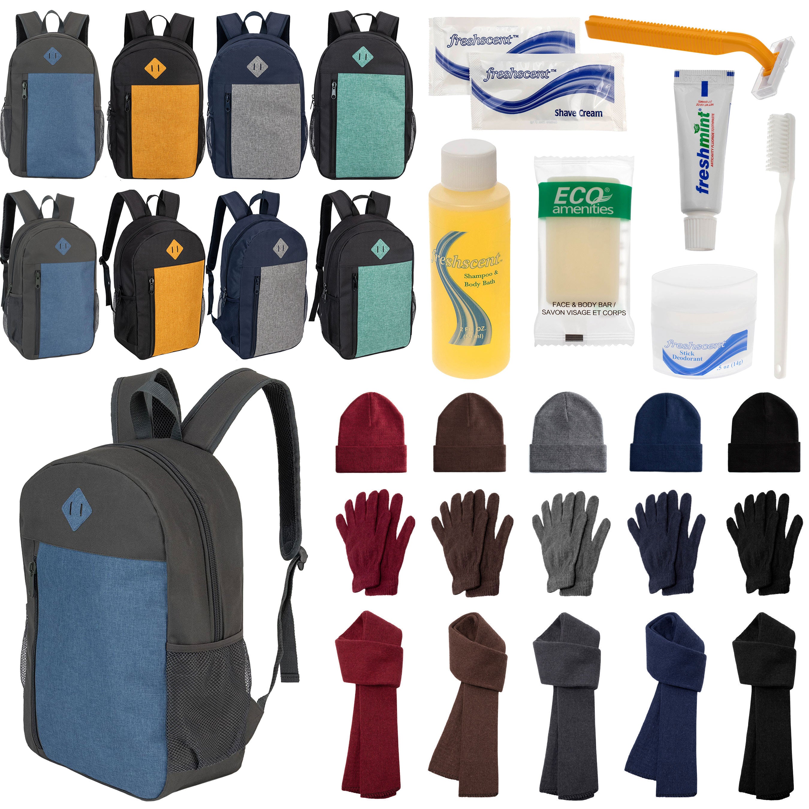 12 Large 19" Backpacks, 12 Winter Item Sets & Your Choice of 12 Bulk Hygiene Kits - Wholesale Homeless Care Package