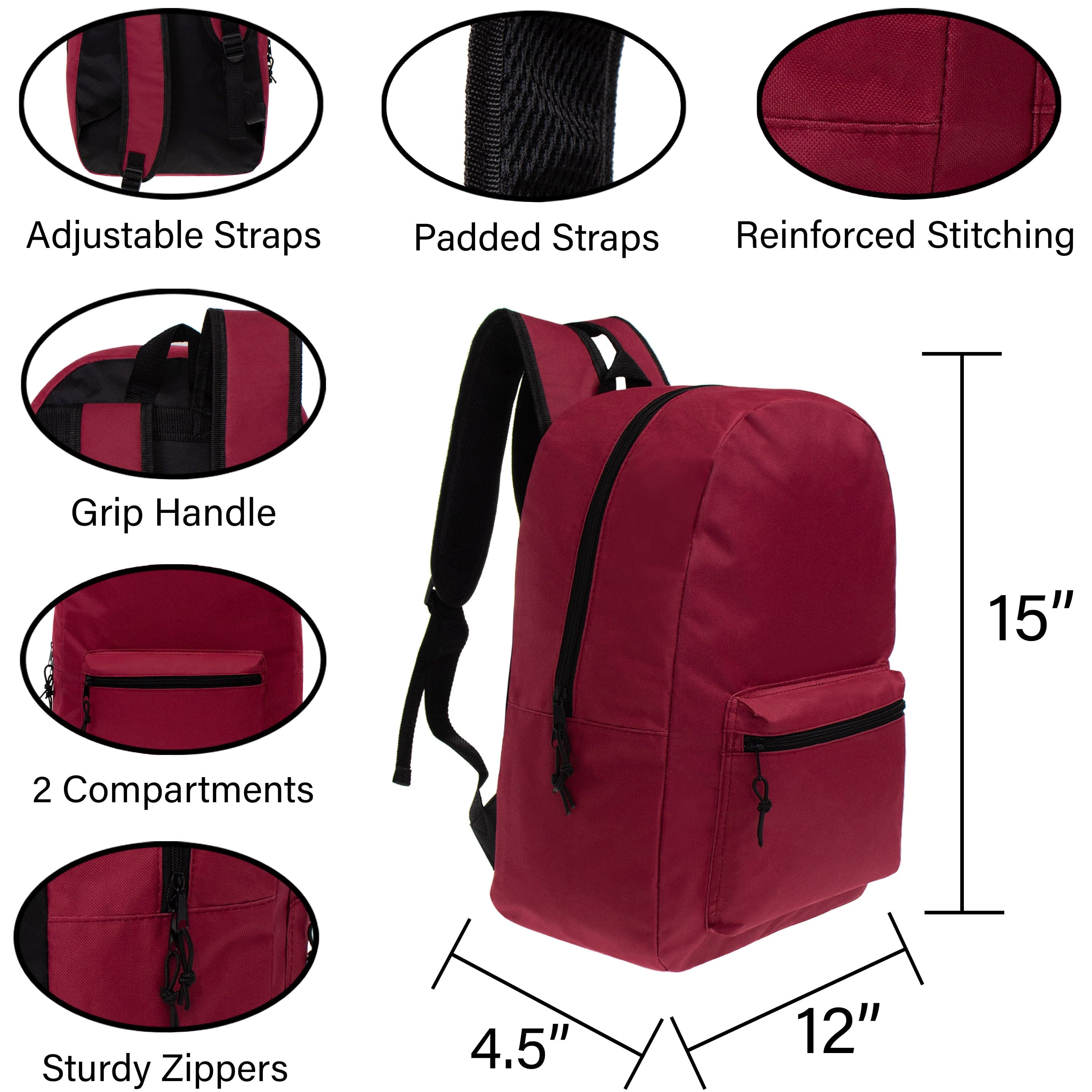 15" Kids Basic Wholesale Backpack in 6 Colors - Bulk Case of 24