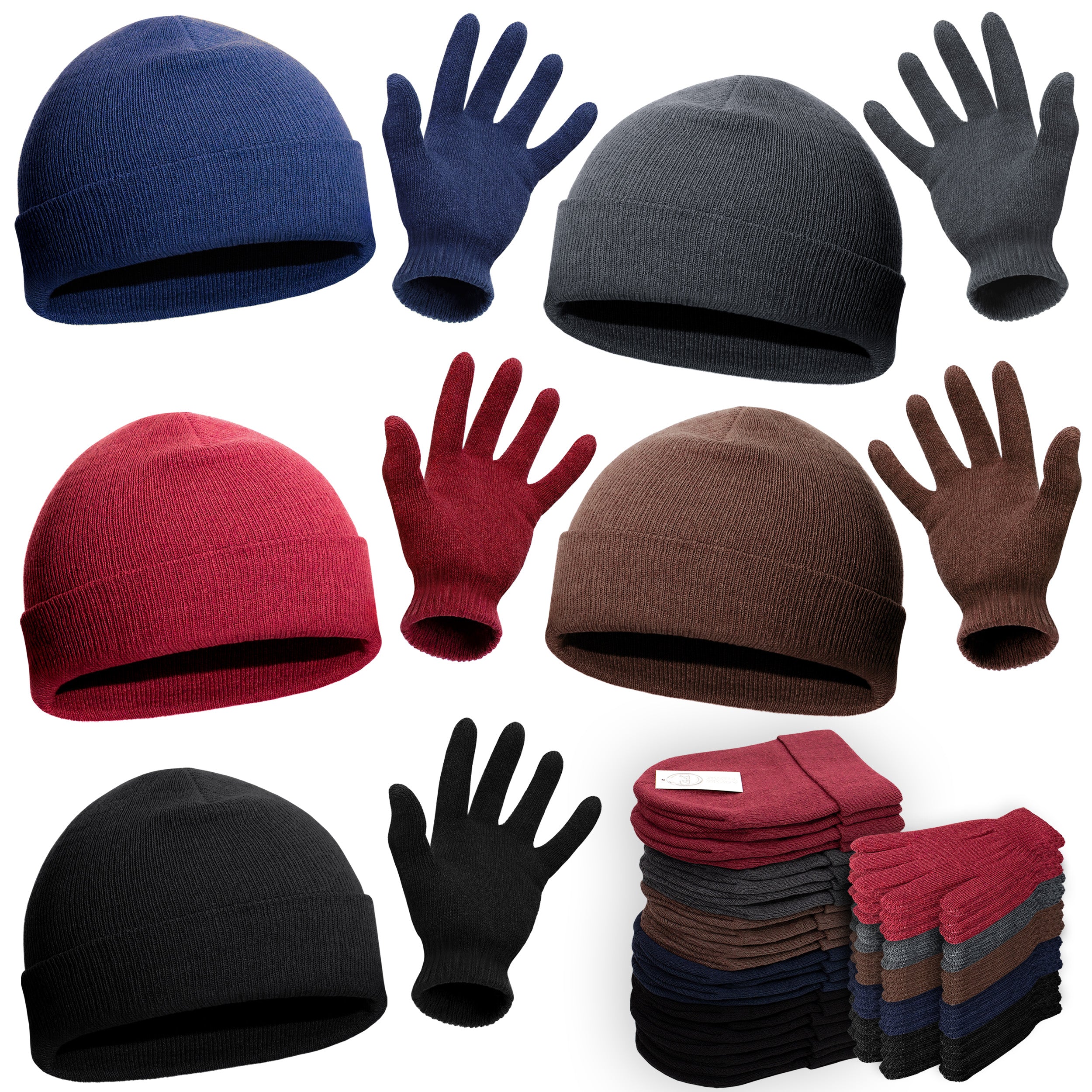 Wholesale Beanie and Glove Bundle in Assorted Colors - Bulk Case of 24 Beanies, 24 Pairs of Gloves