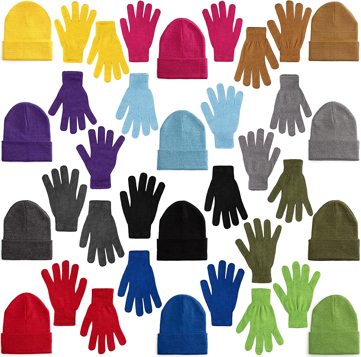 Wholesale Beanie and Glove Bundle in 12 Assorted Colors - Bulk Case of 24 Beanies, 24 Pairs of Gloves