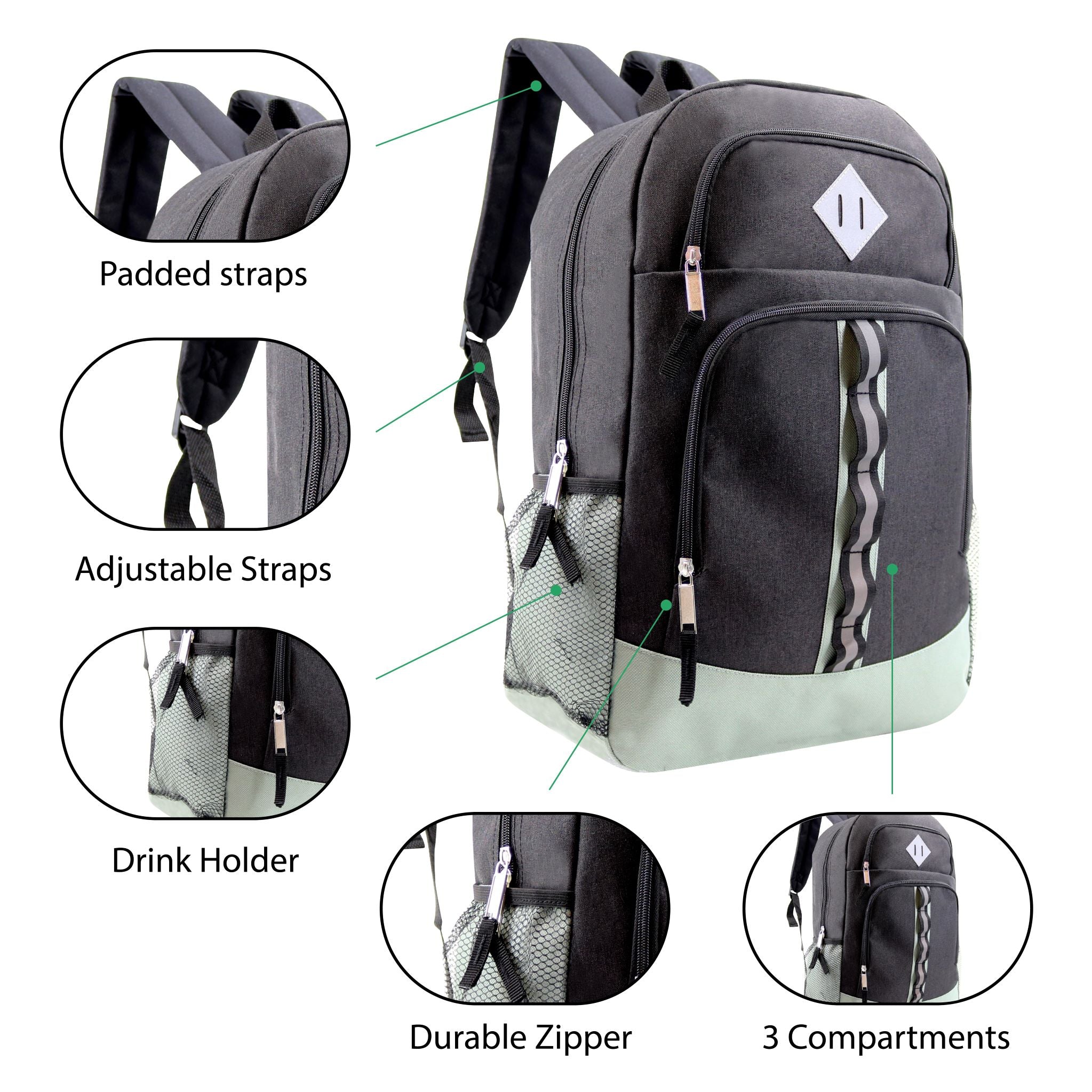 18" Deluxe Wholesale Backpack in Black- Bulk Case of 24