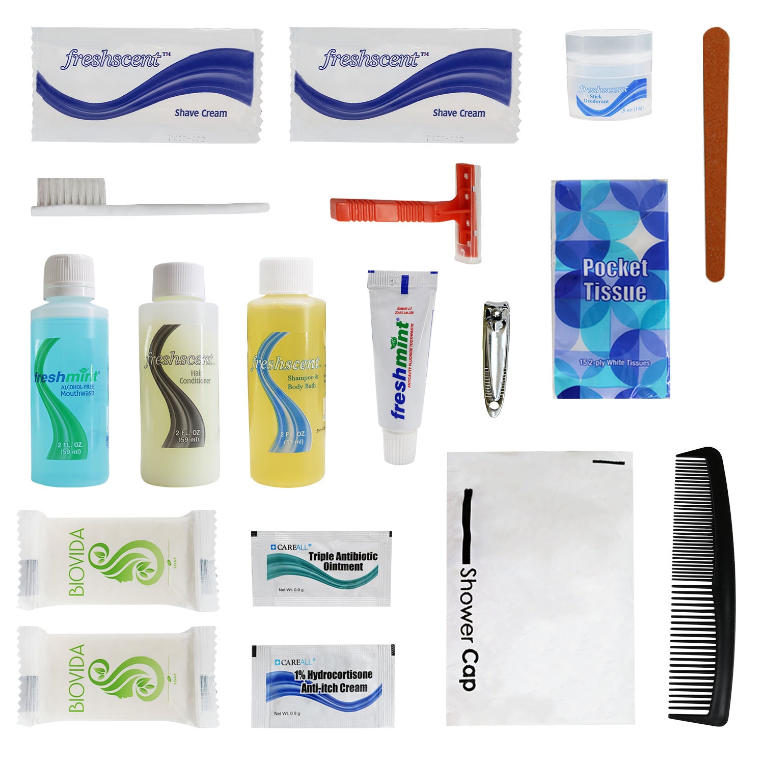 18 Piece Deluxe Wholesale Hygiene Kits - Travel Toiletry Supplies - Bulk Case of 24