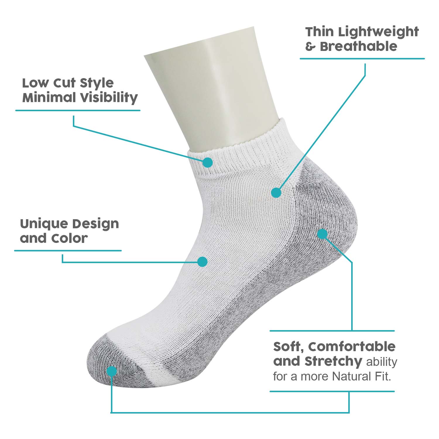 Unisex Low Cut Wholesale Socks, Size 10-13 in White with Grey - Bulk Case of 180 Pairs