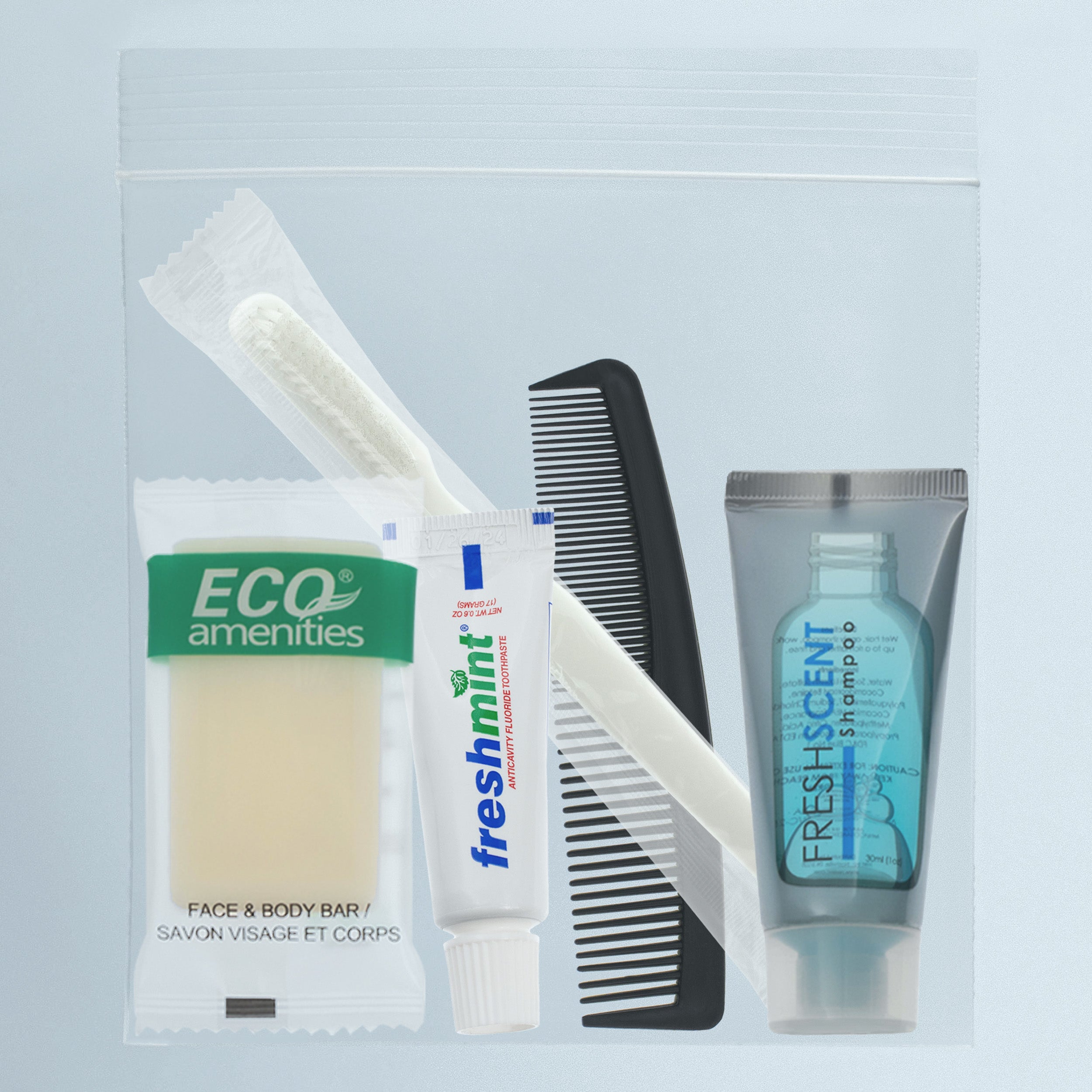 5 Piece Basic Wholesale Hygiene Kits - Travel Toiletry Supplies - Bulk Case of 96